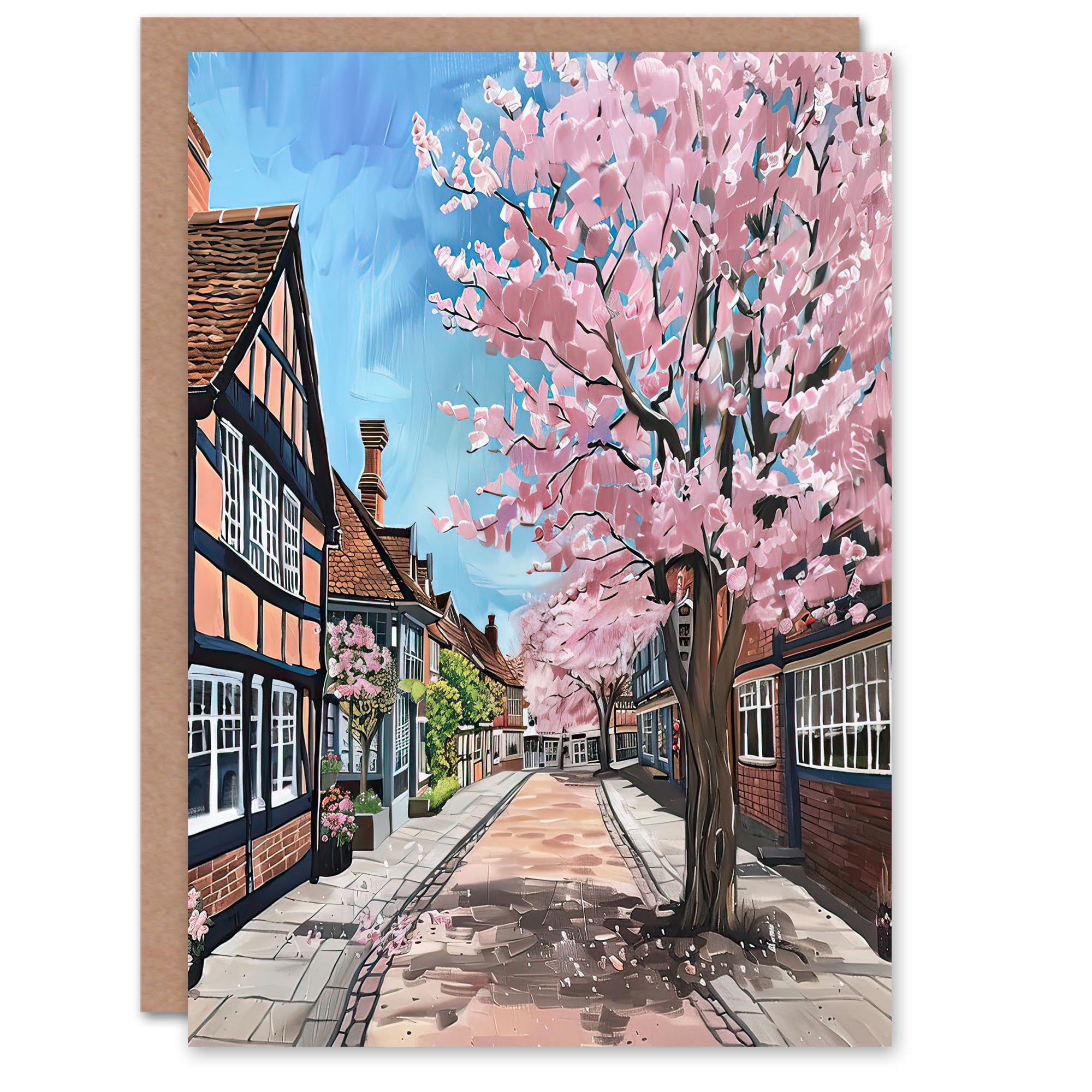 Artery8 Greeting Card Cherry Blossom Lymm Village Cheshire Painting Blank For Him Or Her Art Birthday Card