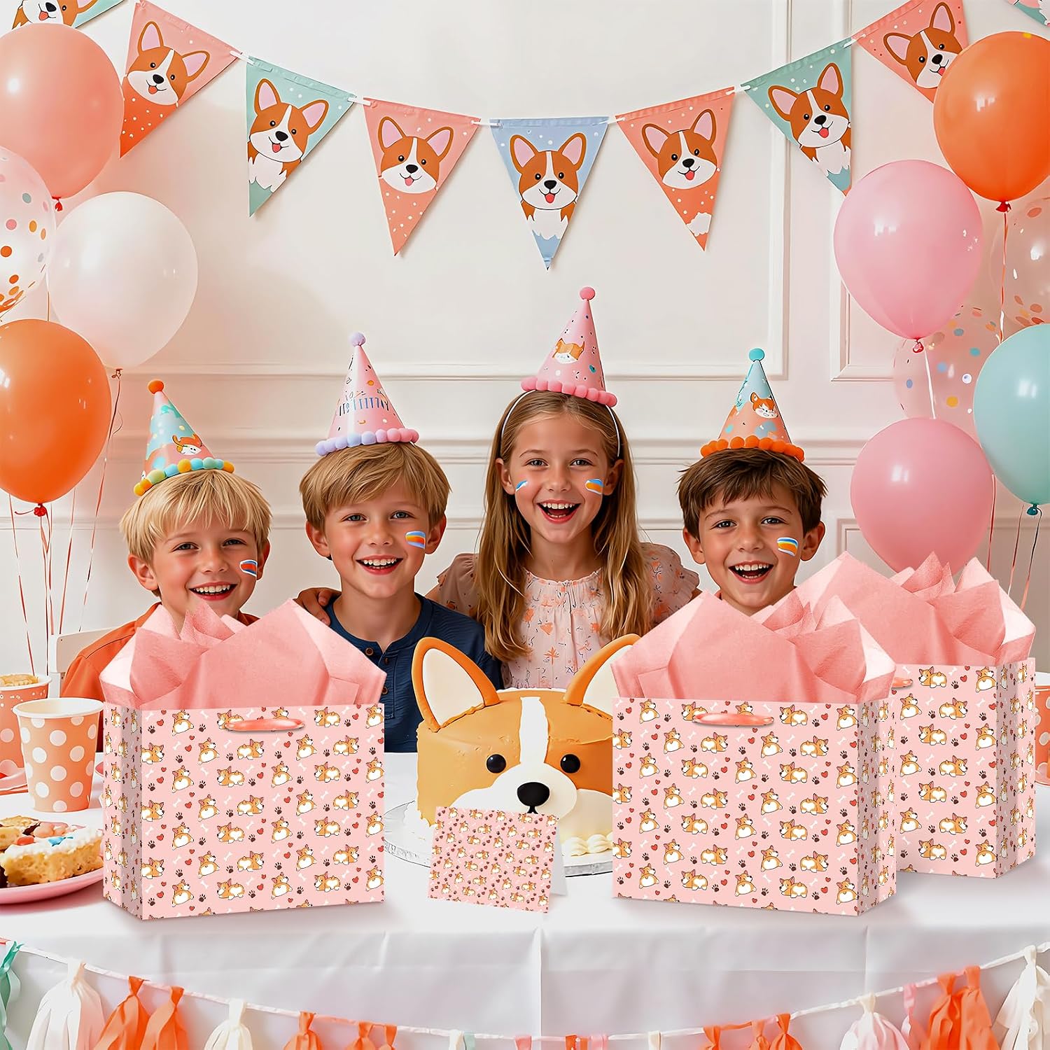 LUUFILx Corgi Birthday Gift Bag for Girls Pink Dog Birthday Decorations Corgi Theme Wrapping Paper with Greeting Card and Tissue Paper Pink Puppy Themed Bday Decorations for Baby Shower Supplies image 2