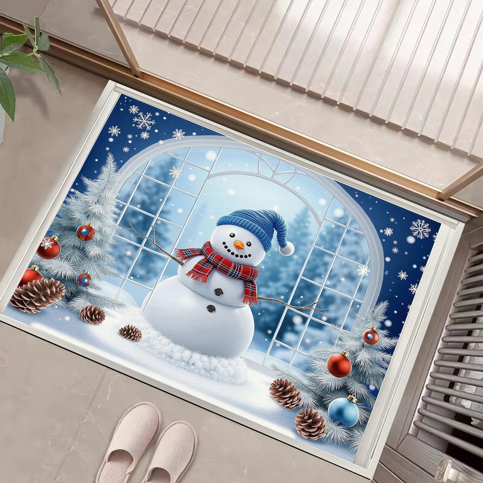 Muñeco Nieve Navideño Árbol Navidad Alfombras Antideslizante, Dibujos Animados Navideños Felpudo para Salón Dormitorio Hogar & Sala de Juegos, Azul Alfombra para Decoración Hogareña, 80 x 120 cm
