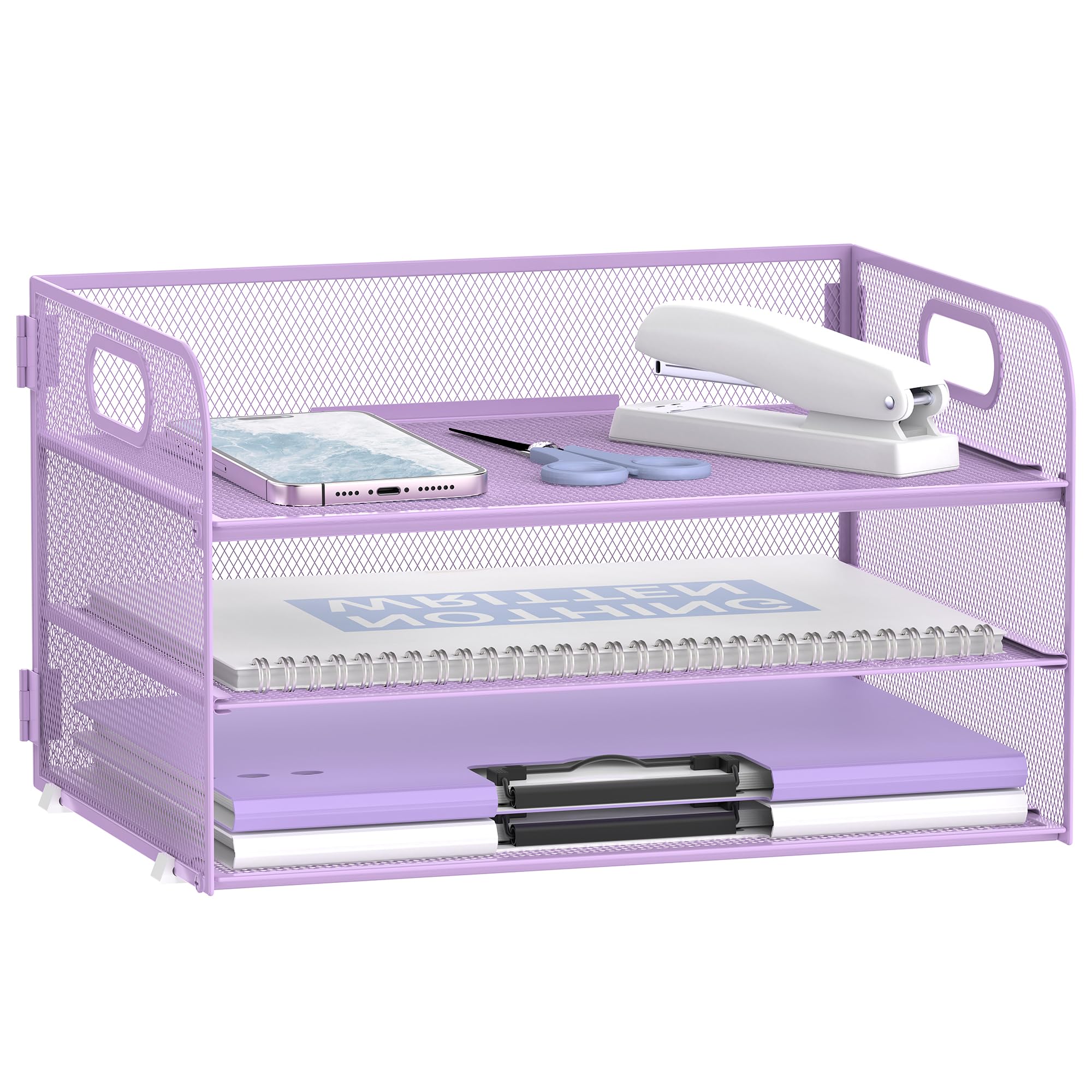 Organiseur De Bureau 3 Niveaux Avec Poignée - Bac à Papier Maille Métallique, Violet, Pour Dossiers A4