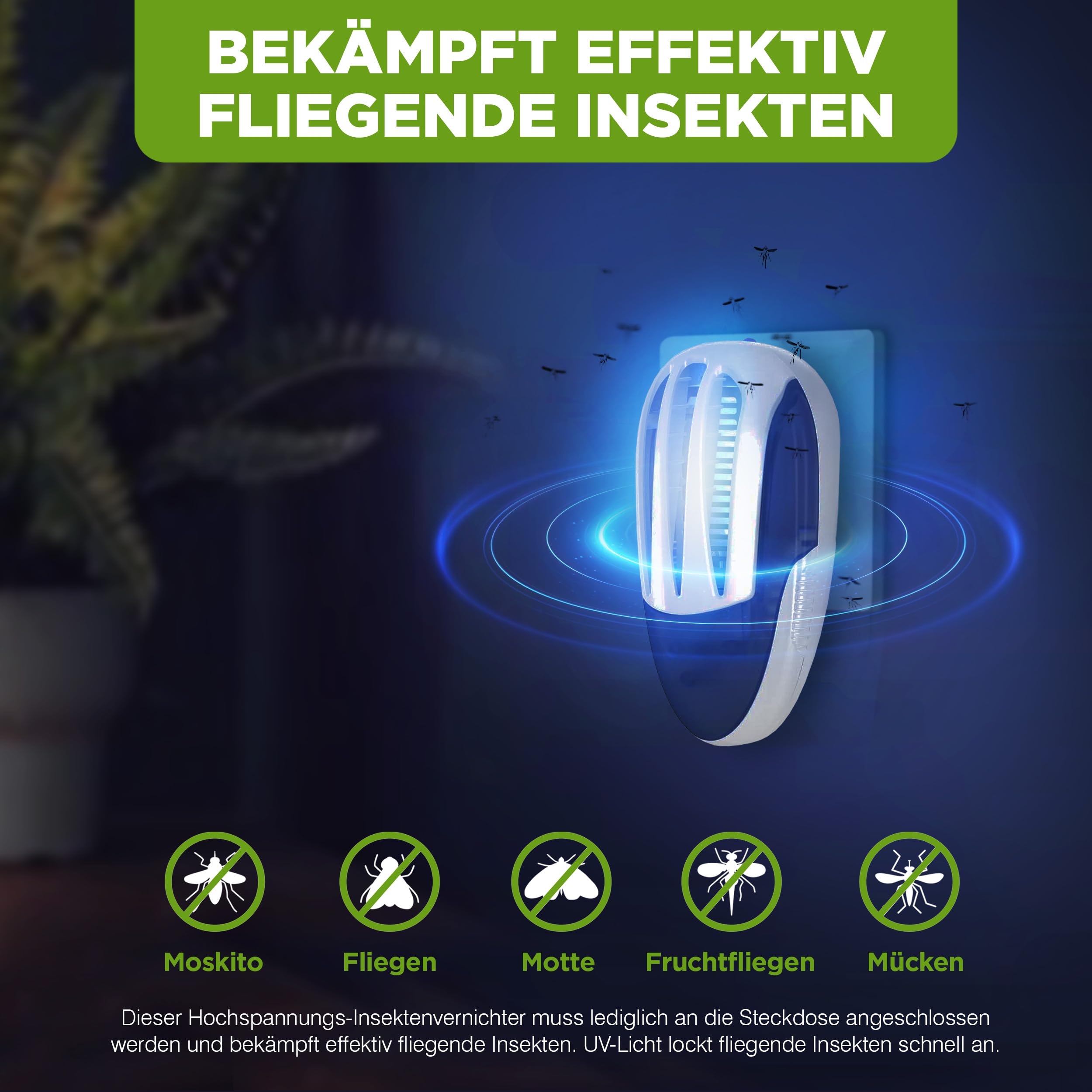 ISOTRONIC Elektrischer Insektenvernichter schützt vor Mücken, Motten & Fliegen – UV Mückenlampe mit 1.000V für Innen – Wirkungsbereich von 30m² (4 Stück)