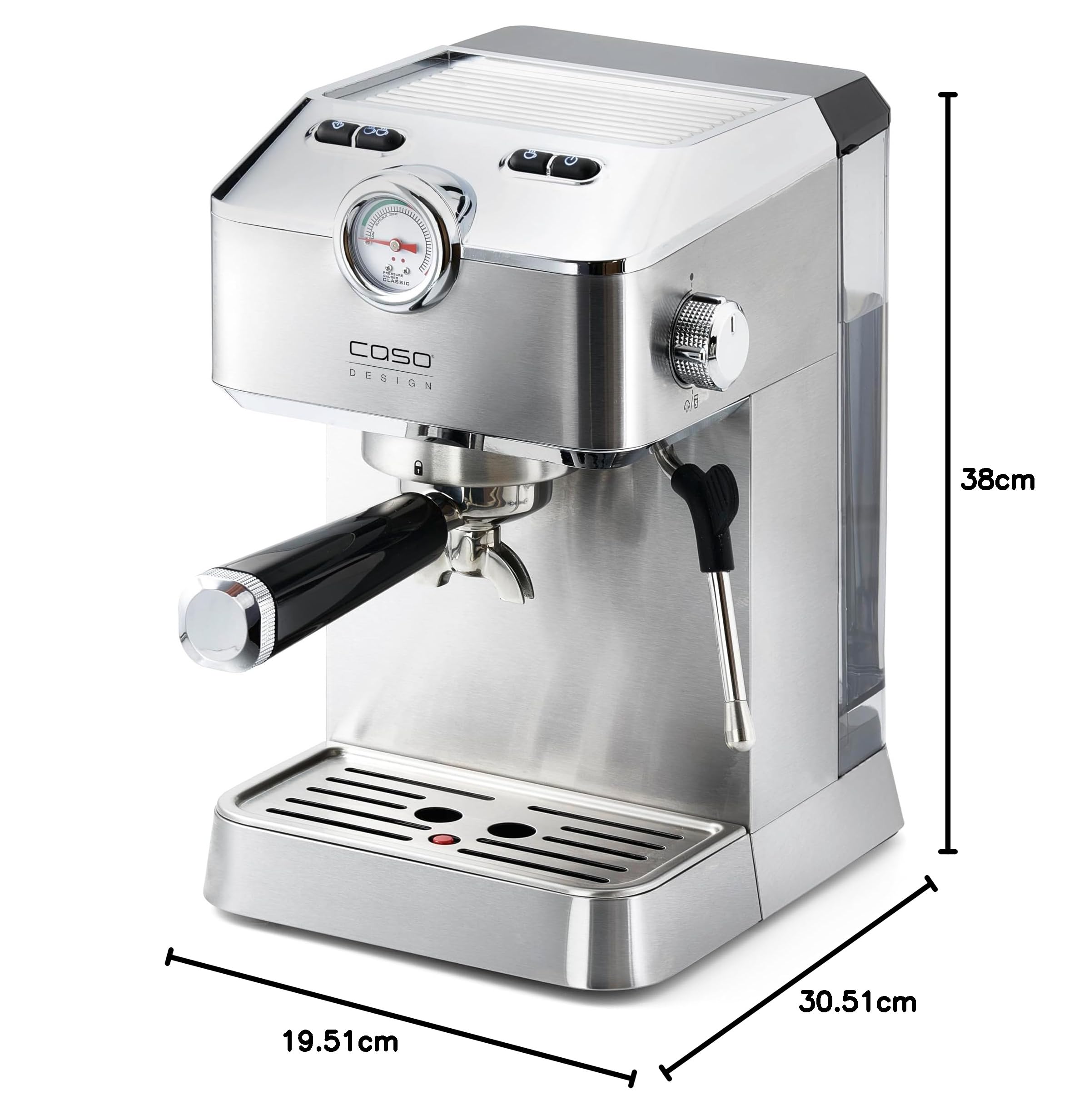 Caso Espresso Gourmet - Macchina portafiltro in acciaio inox, potente pompa Ulka da 19 bar, con montalatte, per caffè o cialde di caffè ESE, per 2 tazze, con piastra riscaldante