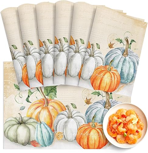 Juego de 6 manteles individuales de Acción de Gracias, manteles individuales de vinilo tejido de PVC lavables, para mesa de comedor, color beige