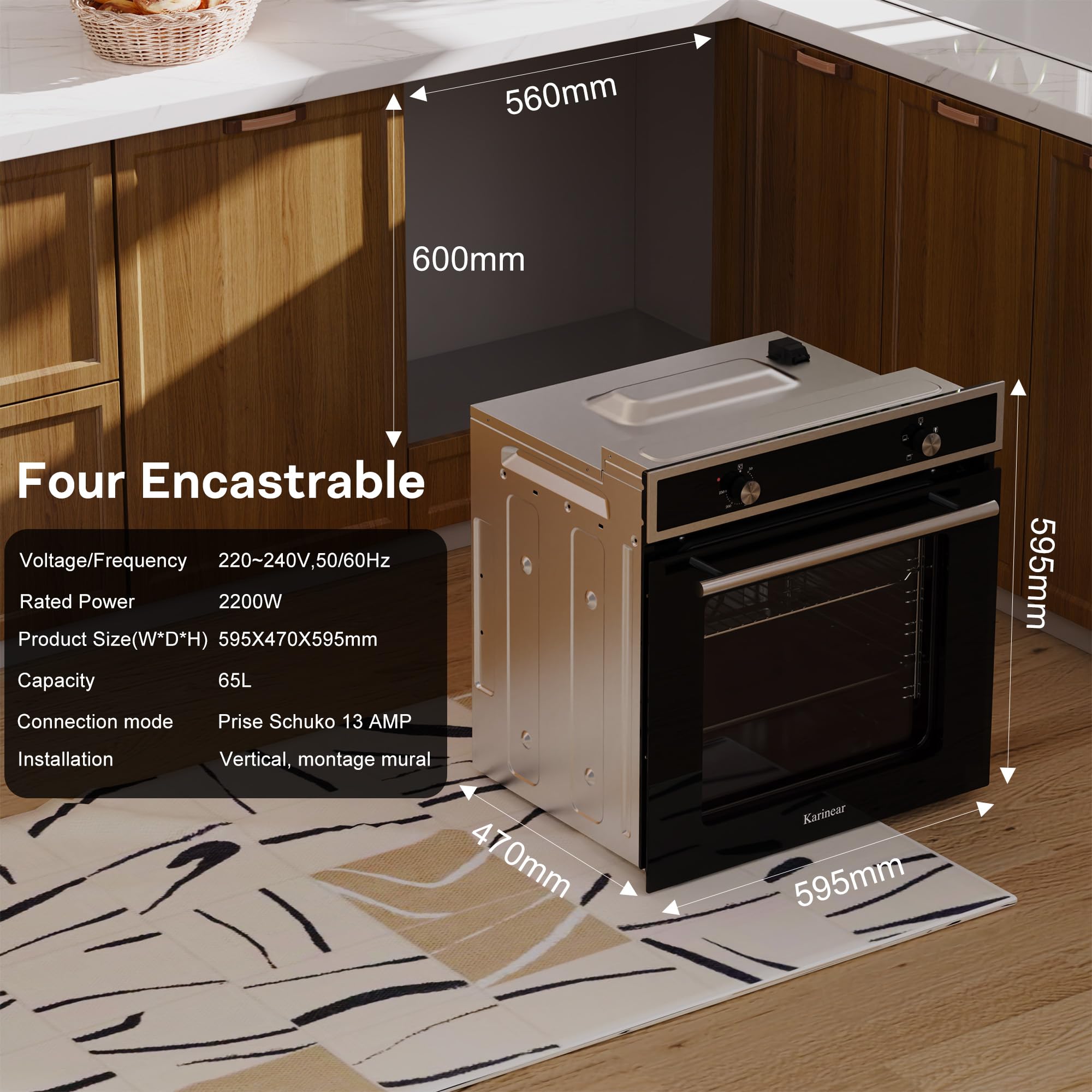 Karinear Four Electrique 60 cm avec Bouton de Commande, Four Encastrable, 65 L, 4 Programmes, 50-250 °C, avec Panneau en Verre Trempé, 2200W, 220-240V, avec Prise