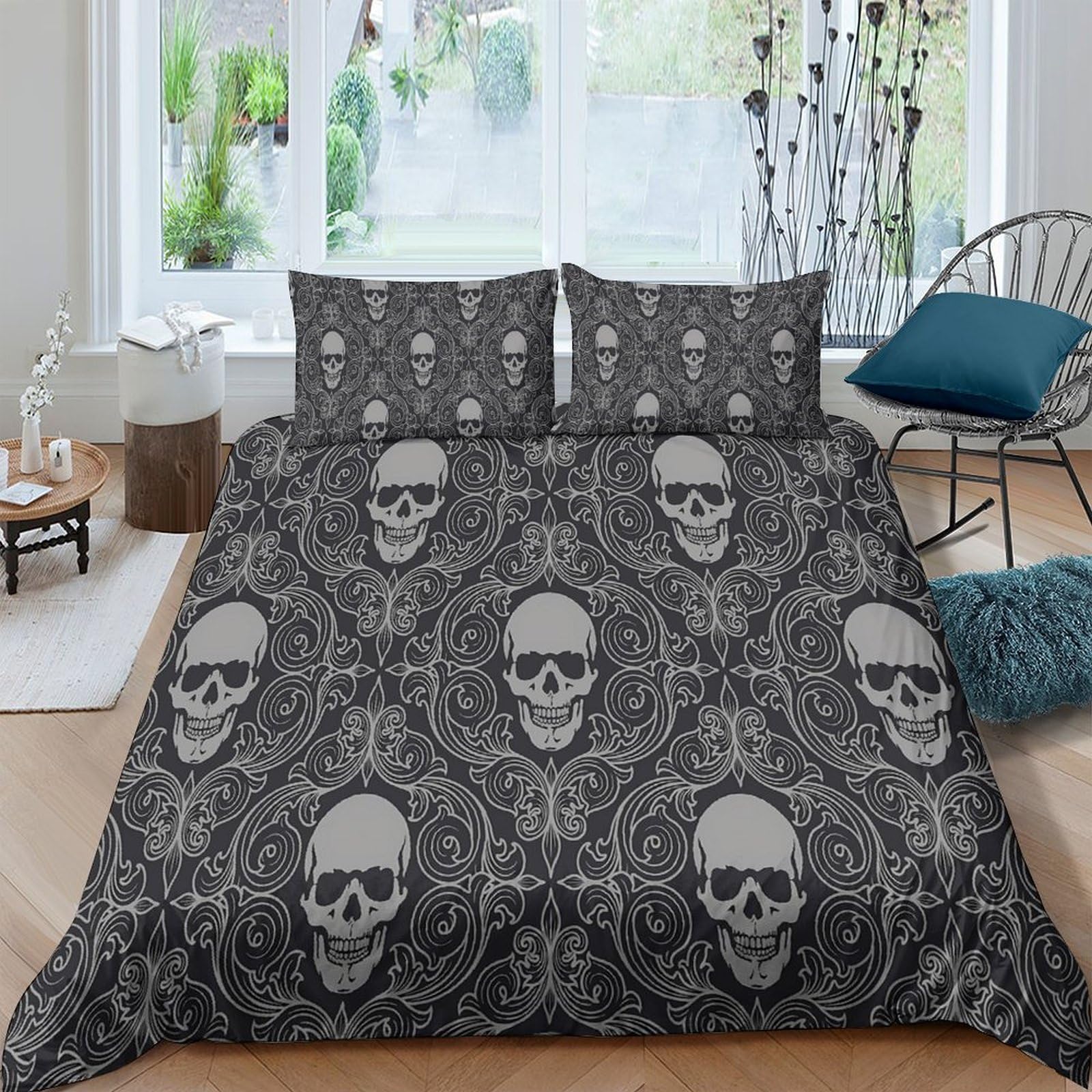 GPLZQXKJNH 3D Printed Skull Gothic Duvet Cover Microfiber Black Bedding Set with 2 Pillowcases for Bedroom Decor Single（135x200cm）