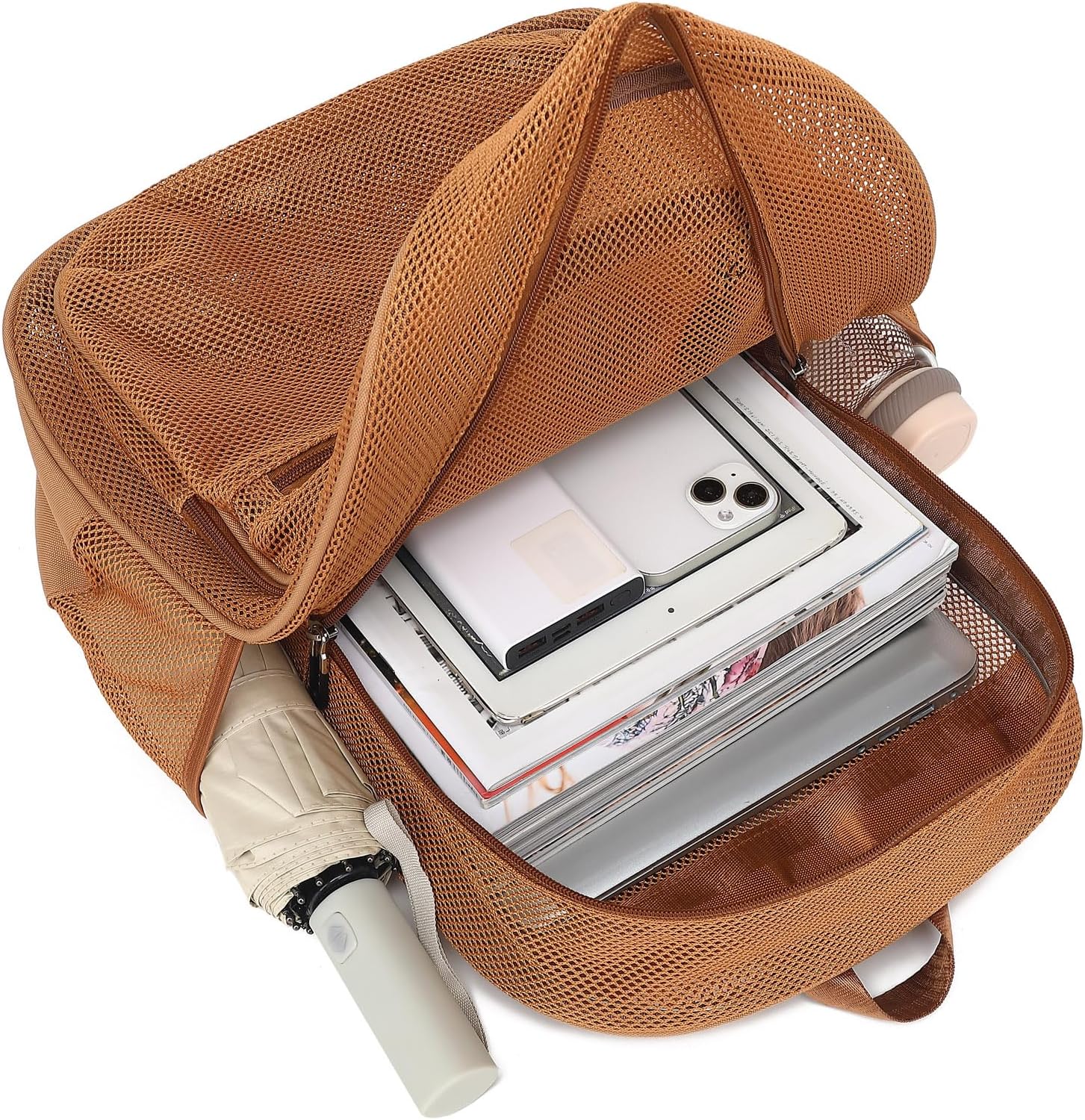 Mesh Bacpack Heavy Duty for School, Lightweight See Through College Backpack for Work Beach Sports (Brown), Large