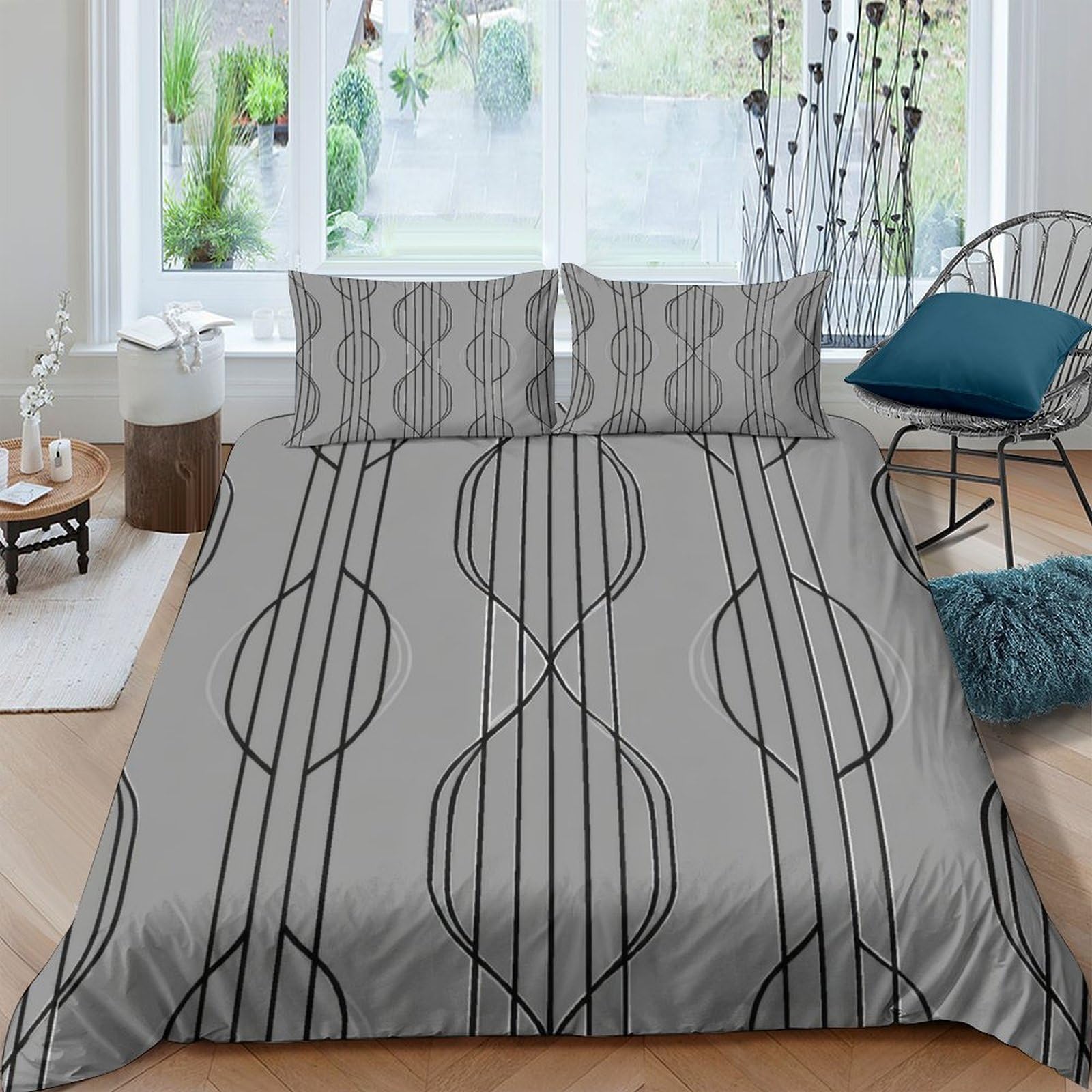 Ctjqhvkz Style-9 3D Printed Geometric Line Art Fitted Sheet Microfiber Grey Abstract Wave Mattress Cover Bedroom Decor Single（135X200cm）