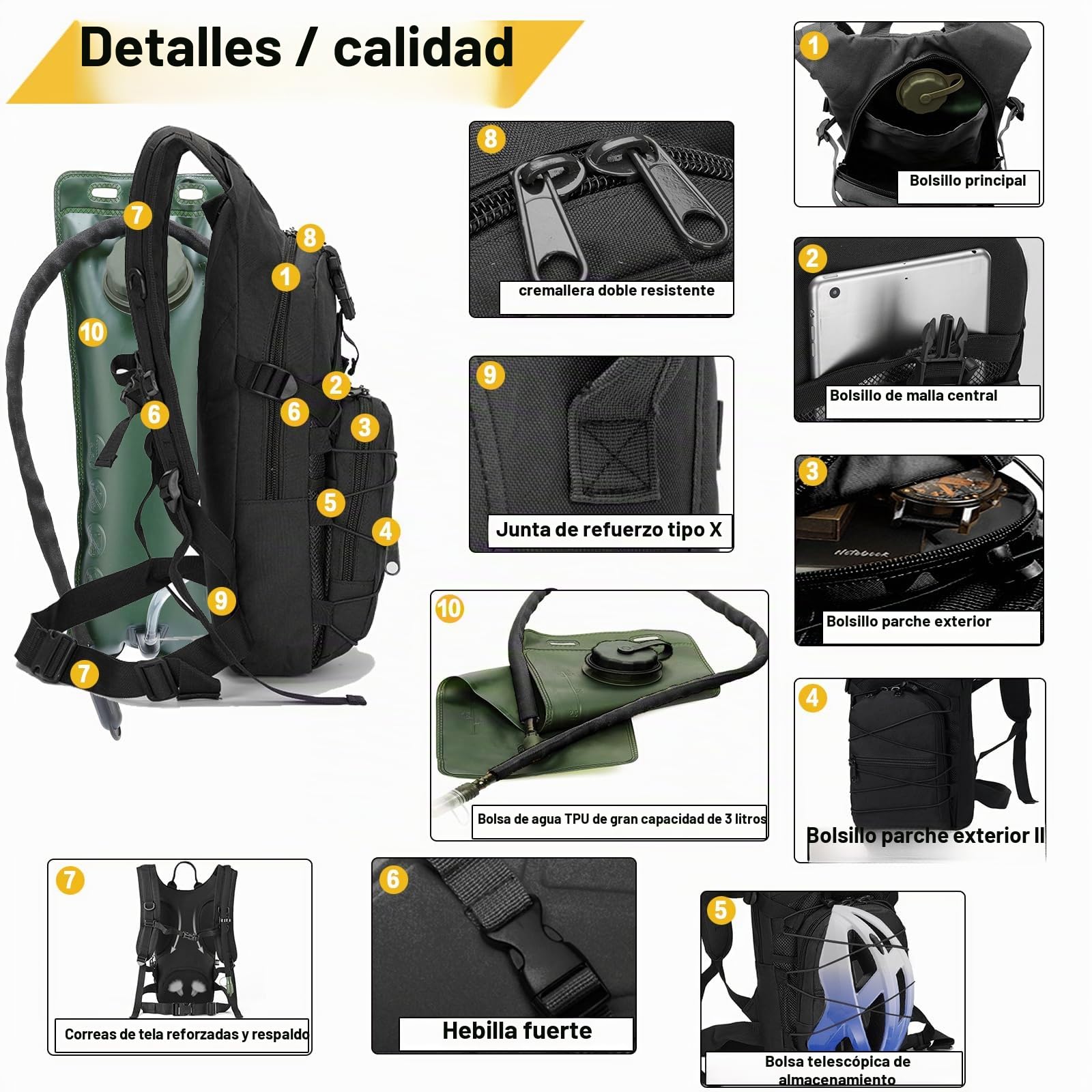 La Mochila táctica RAPIDSKY con Bolsa de Agua de 3 litros, diseño de Gran Capacidad, Unisex, Ideal para Senderismo/Ciclismo/Carrera/Caza.