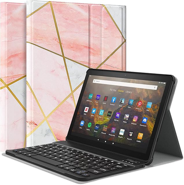 MoKo Case Fits All-New Kindle Fire HD 10 & 10 Plus tablet (11th generation, 2021 release) 10.1",PU Tablet Cover Shell Case with Removable Wireless Keyboard, Marble Pink