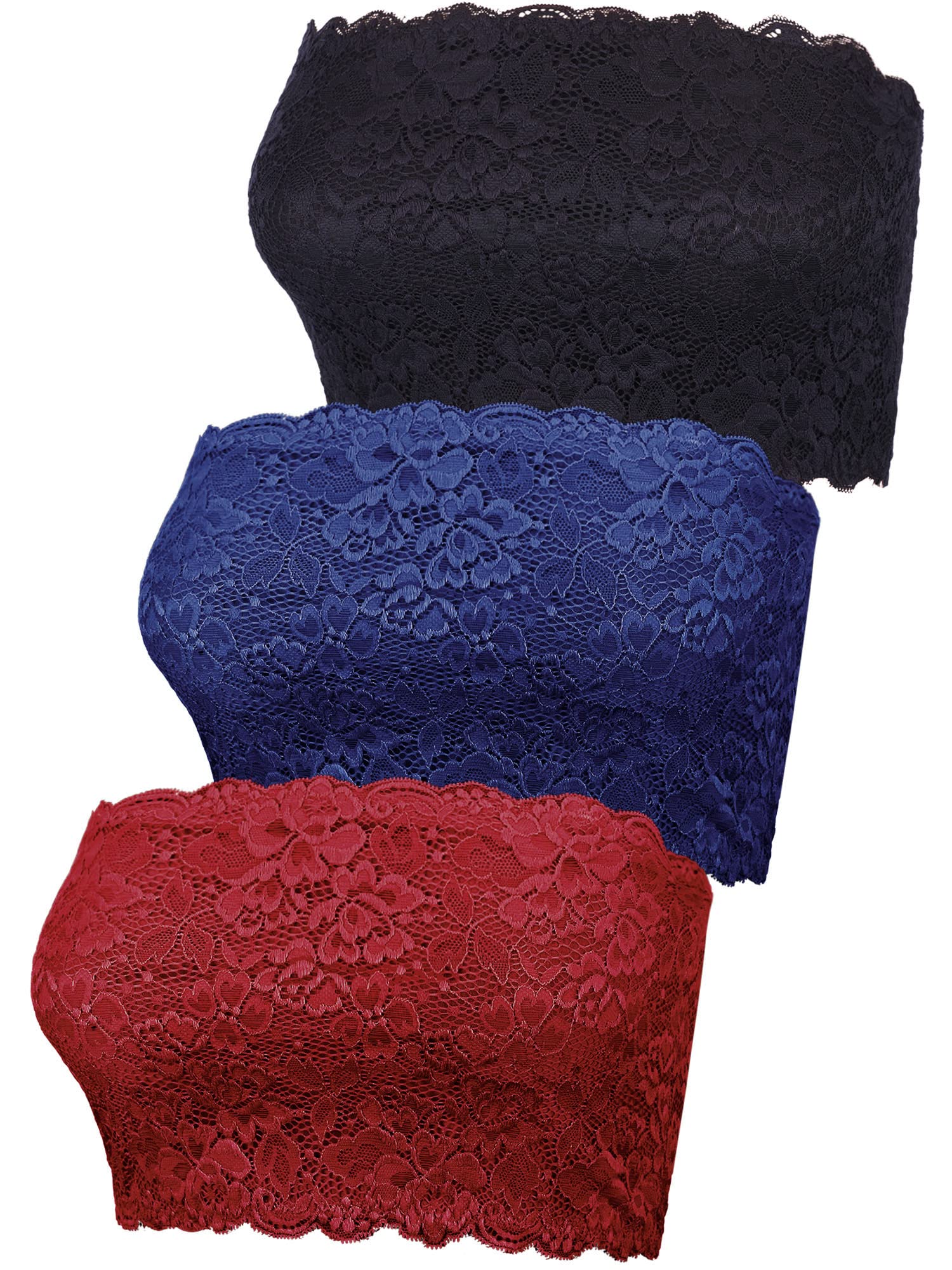 Boao3 Pieces Women's Floral Lace Tube Top Bandeau Strapless Bras Seamless Stretchy Chest Wrap