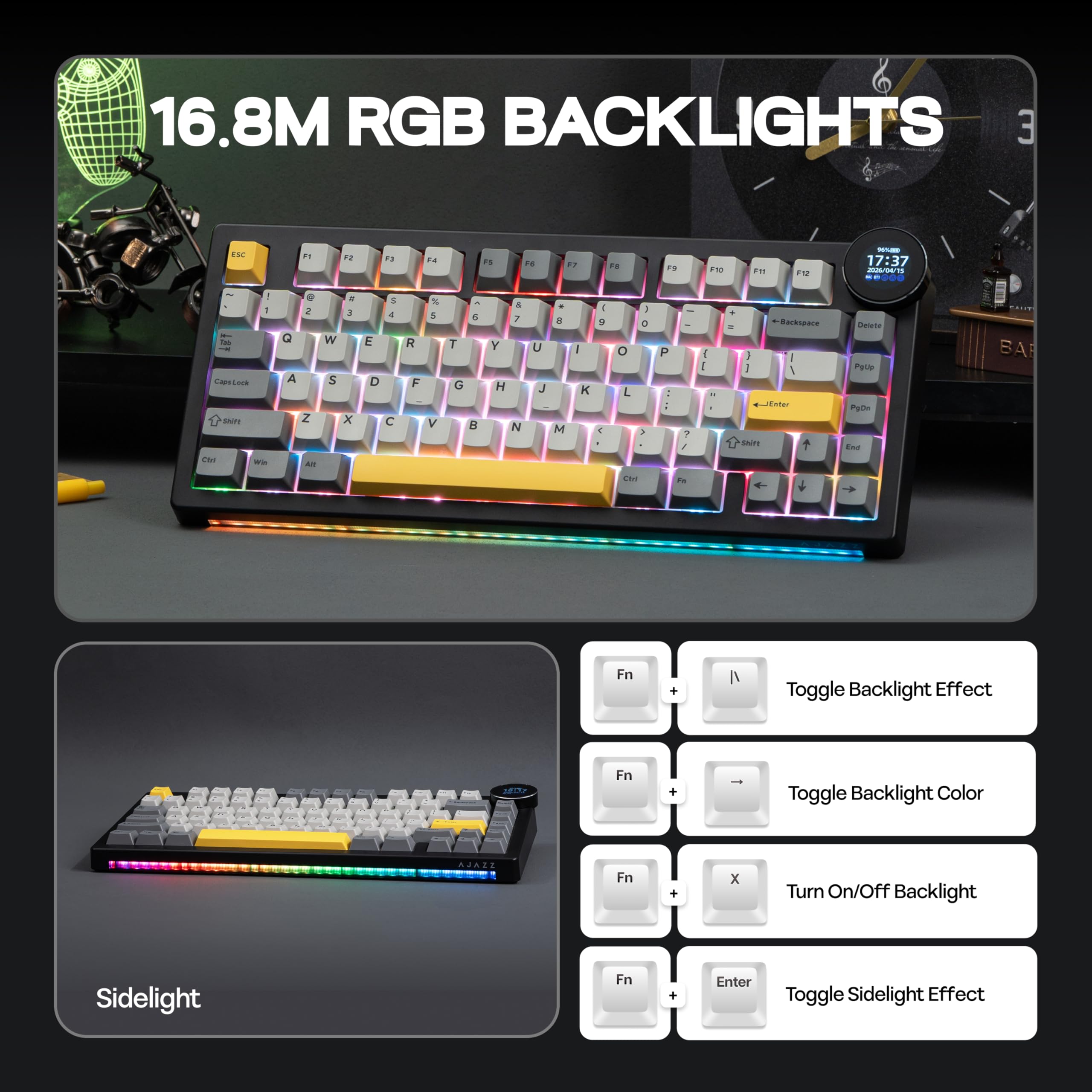 MechLands AJAZZ AK820V2 Tastiera da gioco wireless 75% con schermo TFT da 0,91" e manopola, tastiera meccanica cremosa con batteria da 10000 mAh, hot swap, RGB per Windows/Mac (nero grigio)