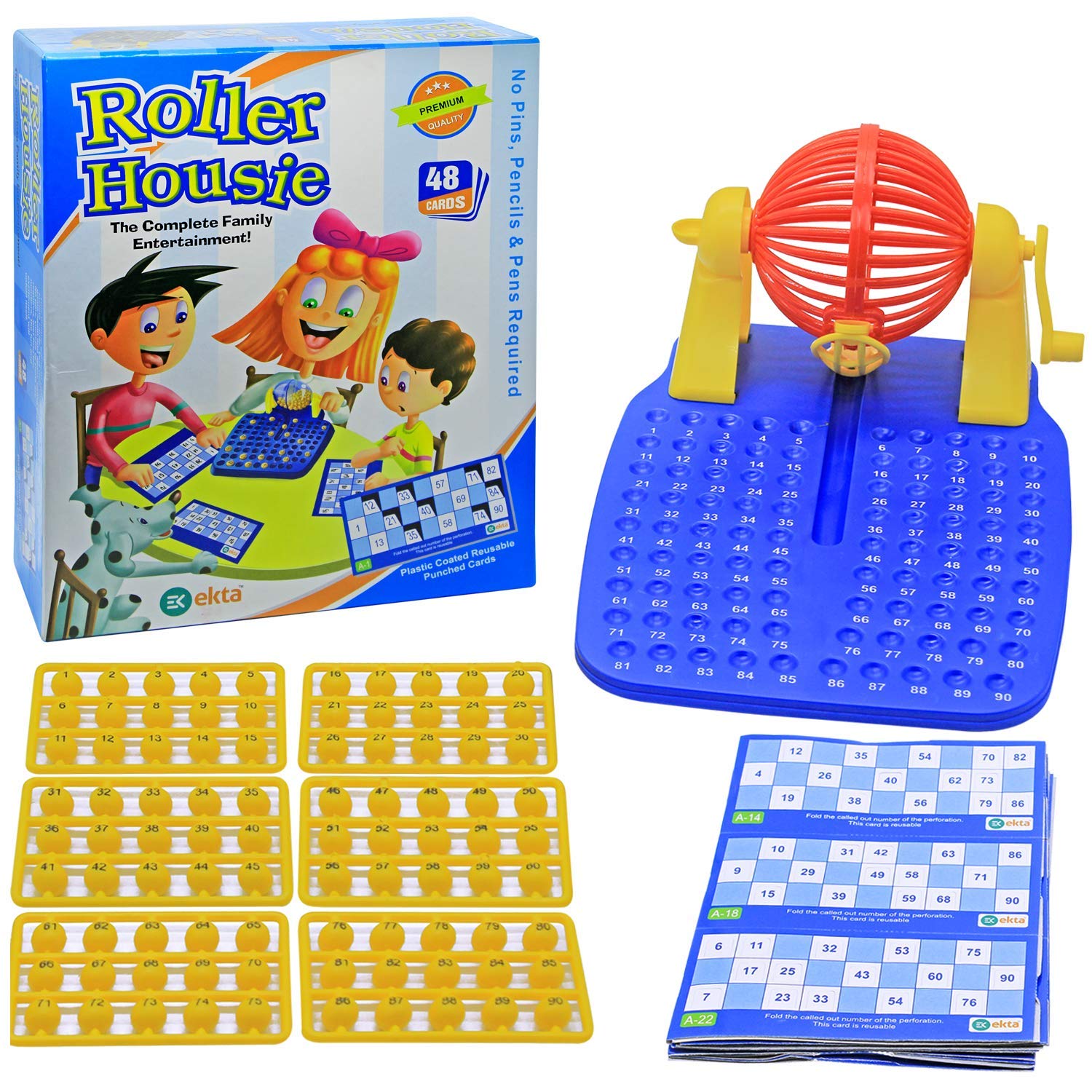 BKDT Marketing Roller Housie Game Set with 48 Reusable Cards, 90 Numbered Balls, 1 Automatic Ball Dispenser Machine (Family/Kids Board Game) - Bingo Game