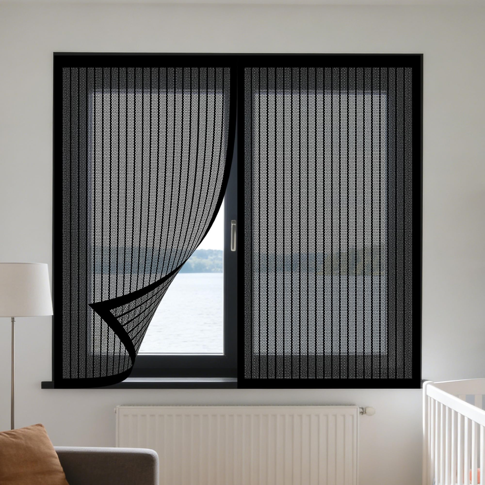 Window Fly Screen 155 x 175 cm Selfadhesive Tape Magnetic Window Screen Insect Mesh Custom Size for Living Room Bedroom Offfice, Black