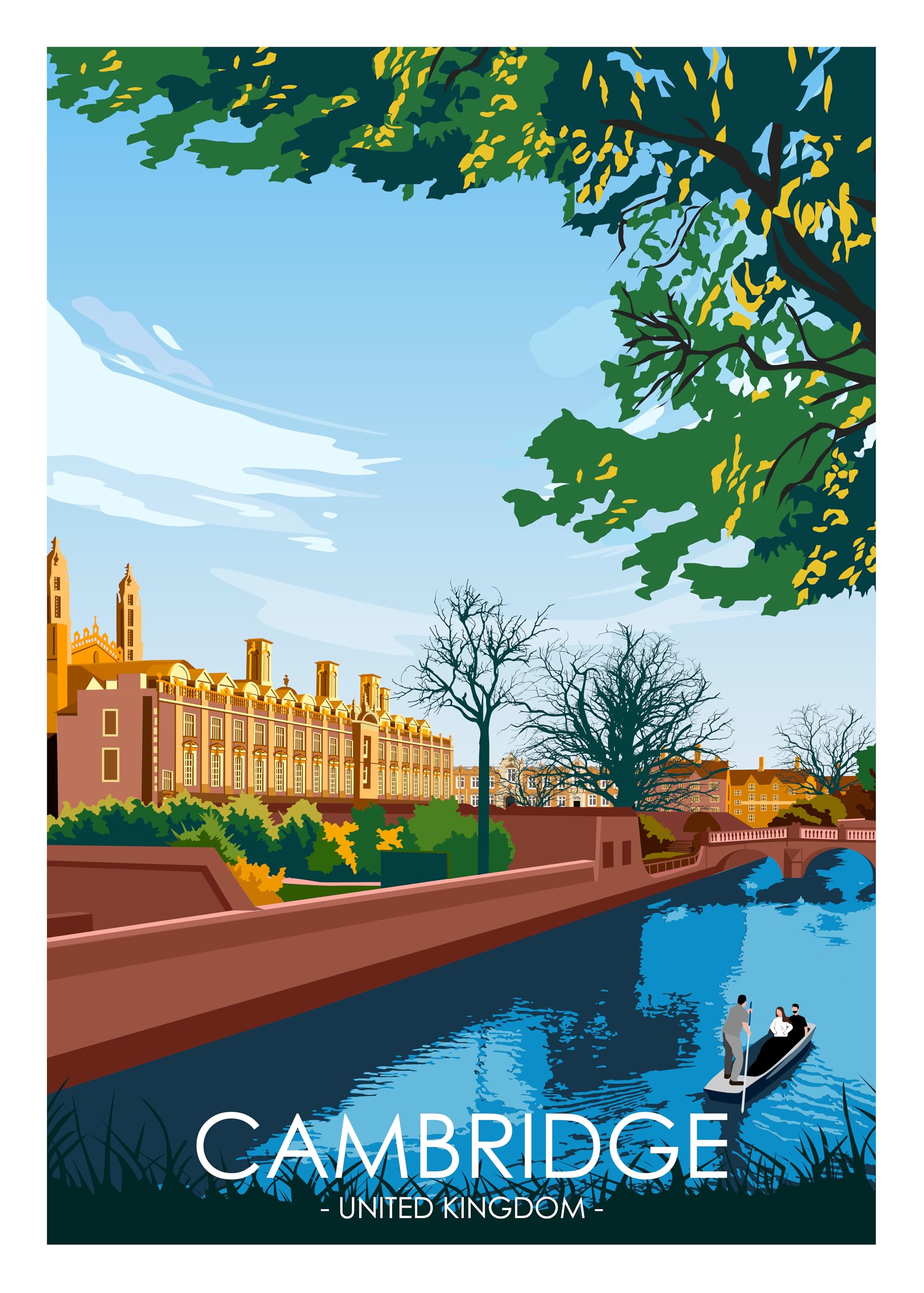 Hewson's Gifts UK Travel Print UK Cities and Shires, Handmade Print Of The Beautiful Places of United Kingdom, UK Artwork Wall Art Poster For New Home Kitchen Print (Cambridge, A3 Unframed Print)