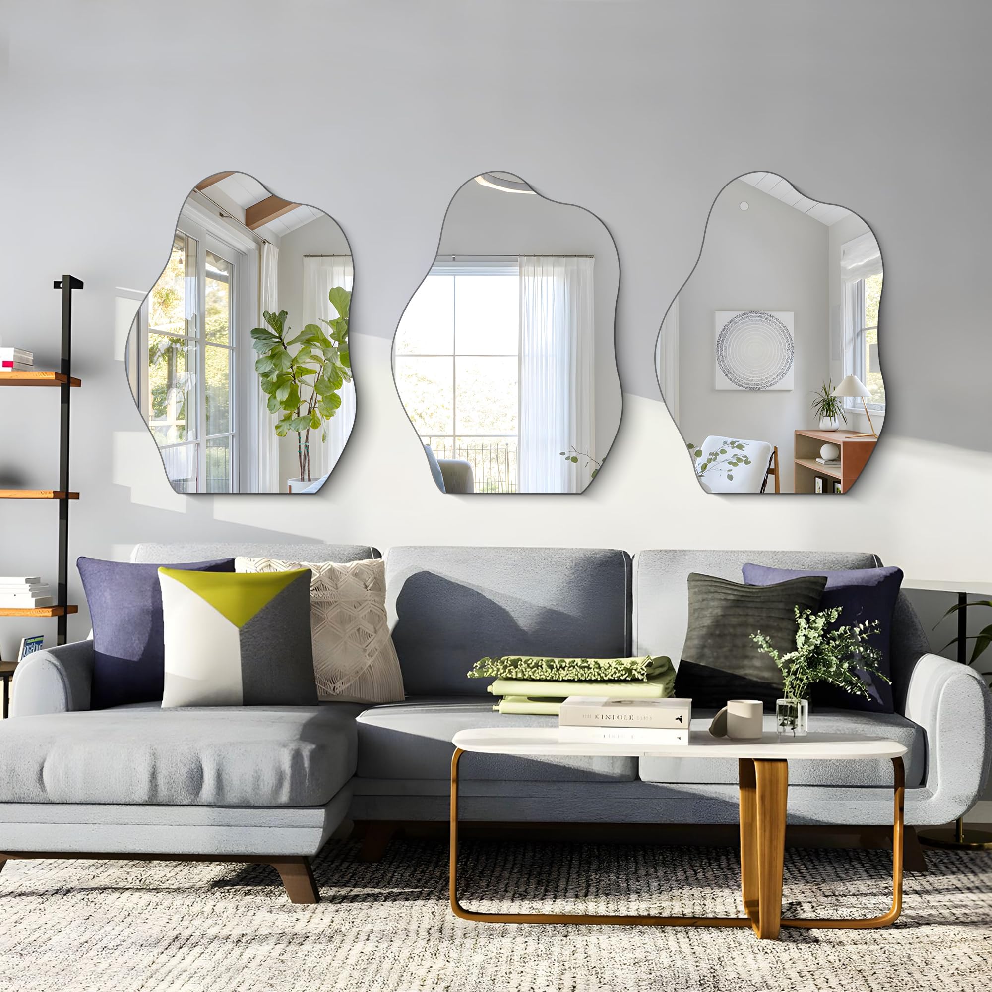 COFENY Asymmetrische Wandspiegel, Onregelmatige Badkamerspiegel Zwart 50 x 70 cm, Grote Organische Decoratieve Spiegel met Houten Voet. Geschikt voor Wanddecoratie, Woonkamer, Slaapkamer, Badkamer