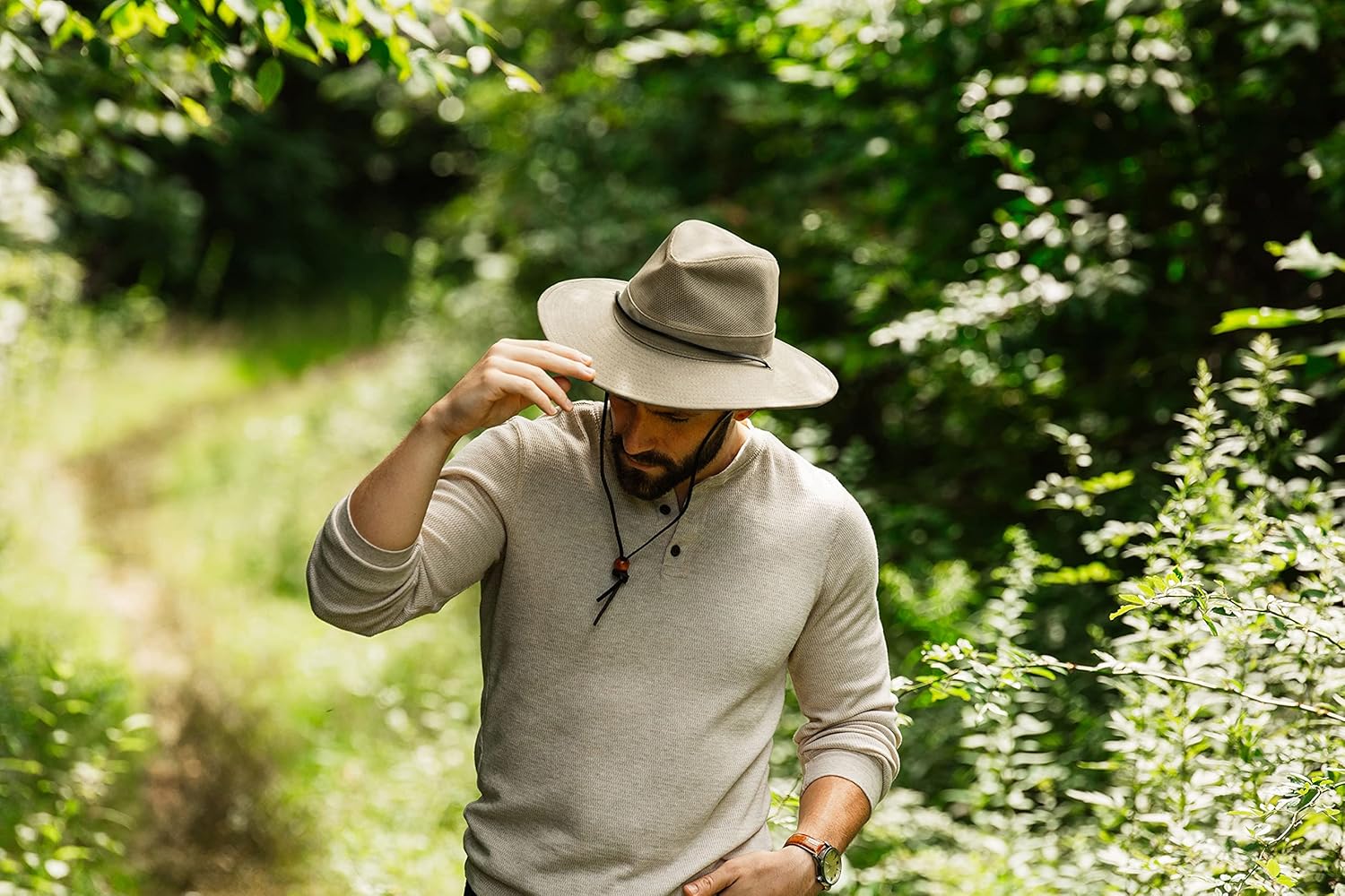 Dorfman Pacific Men's Brushed Twill-and-Mesh Safari Hat with Genuine Leather Trim