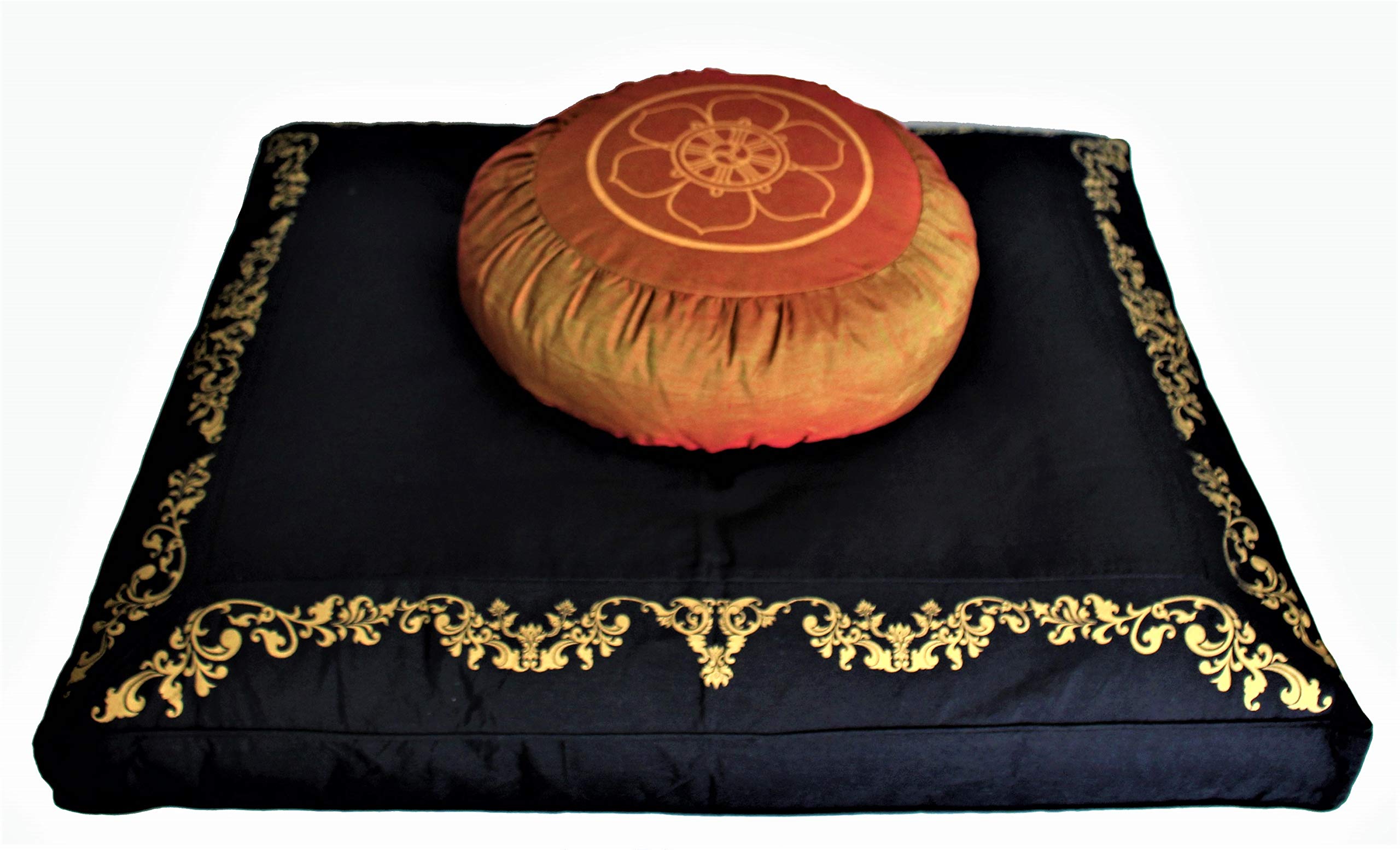 Boon Decor Meditation Cushion Zafu Zabuton Set - Dharma Wheel Saffron on Black Zabuton