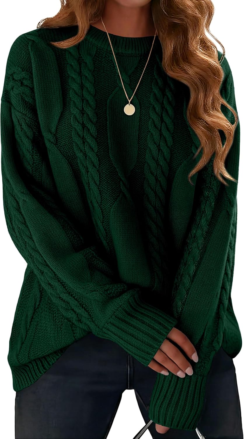SMENG Women's Oversized Fall Crewneck Sweaters Casual Long Sleeve Chunky Cable Knit Pullover Clothes Winter Tops