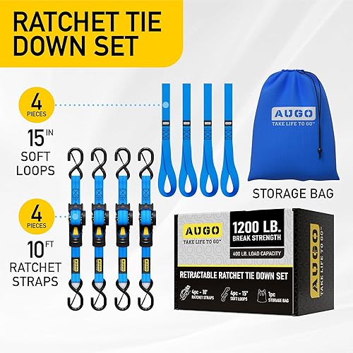 Vista 99 de AUGO Correas de trinquete retráctiles 2 correas de trinquete resistentes autoretráctiles con bucles suaves y bolsa de almacenamiento para Negro