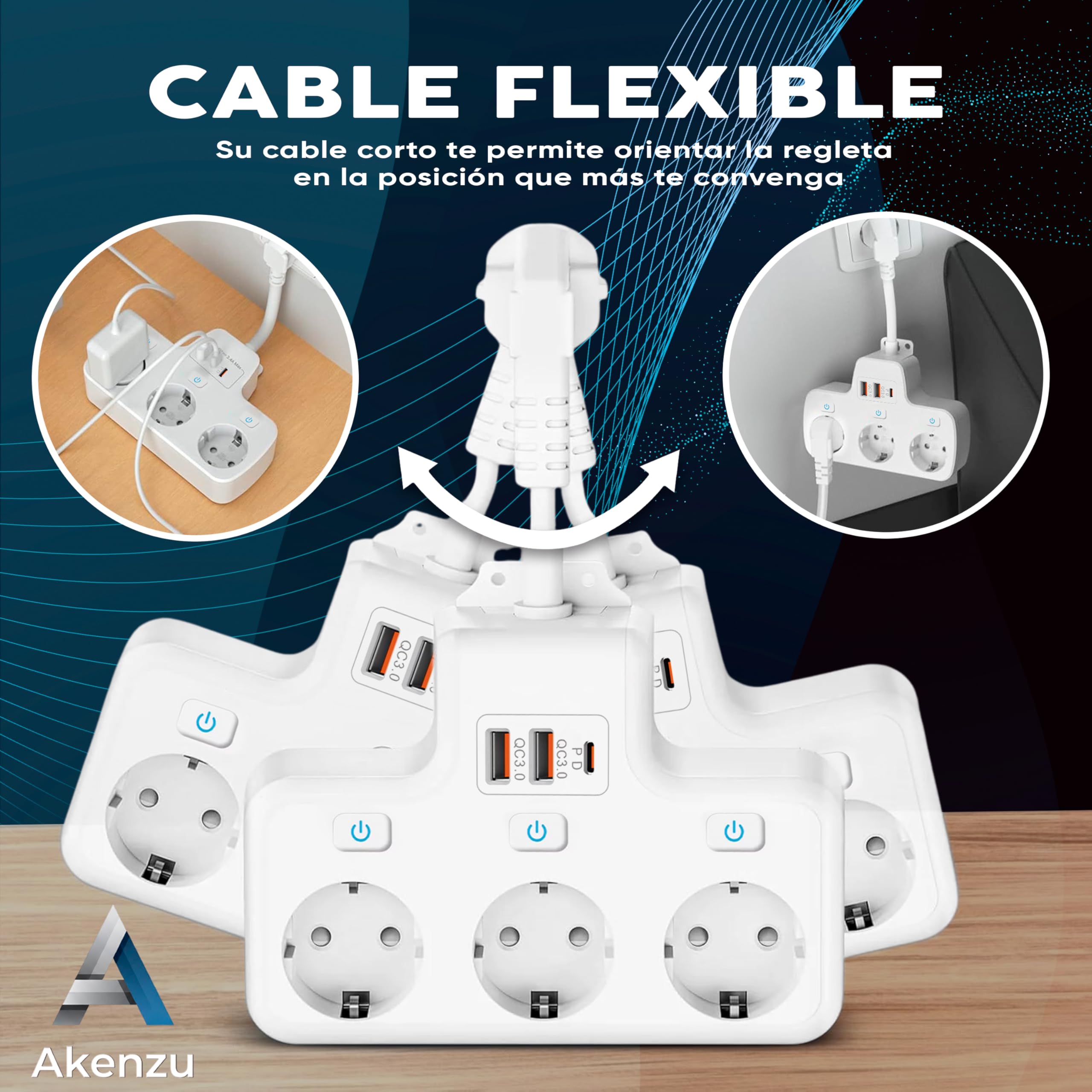 AKENZU©—Regletas para Enchufes Modulares 6 en 1 | Enchufe Multiple | Regleta De Enchufes Proteccion Sobretension | Ladron para Enchufes Plano con USB/USB-C | Enchufe con Interruptor para Pared—Blanco — view 6