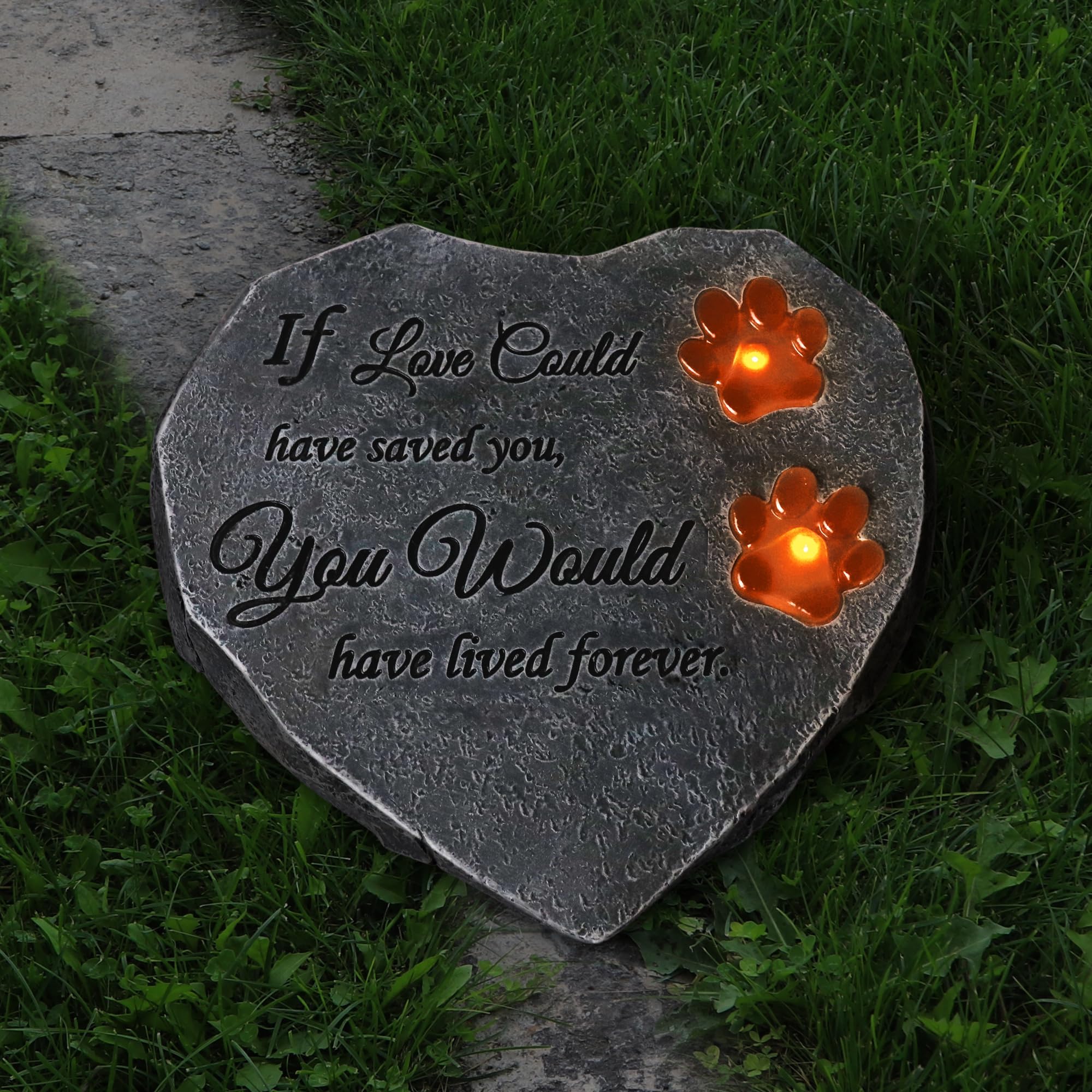 Solar Light Pet Memorial Stones Heart Shaped Dog Grave Markers Outdoor, Shinning Paw Prints Dog Headstones Loss Stones for Pet Dog Memorial Gifts Remembrance Gifts for Loss of Dogs