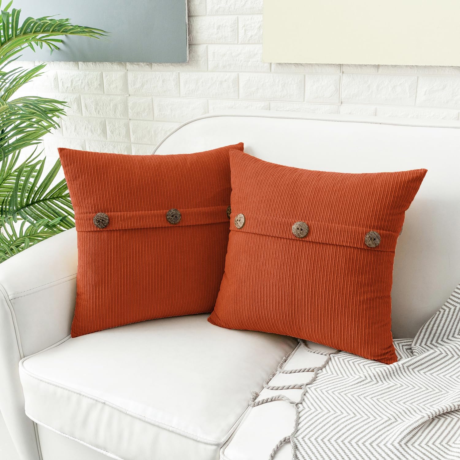 HWY 50 Autumn Burnt Orange Chenille Cushion Covers 45cm x 45cm (18"x18") with Triple Buttons, Set of 2 - Image 4