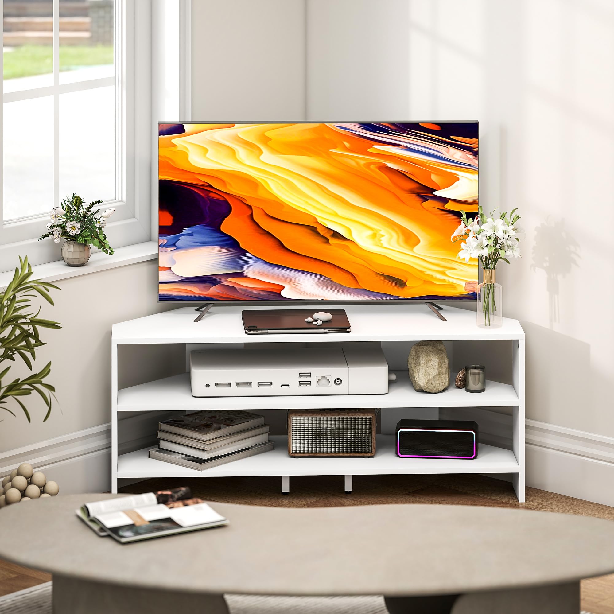 HOMCOM Mobile TV ad Angolo 47" max con 2 Ripiani Aperti, Mobile porta TV Moderno in Truciolato, per Camera da Letto e Soggiorno, 110x36x45 cm, Bianco