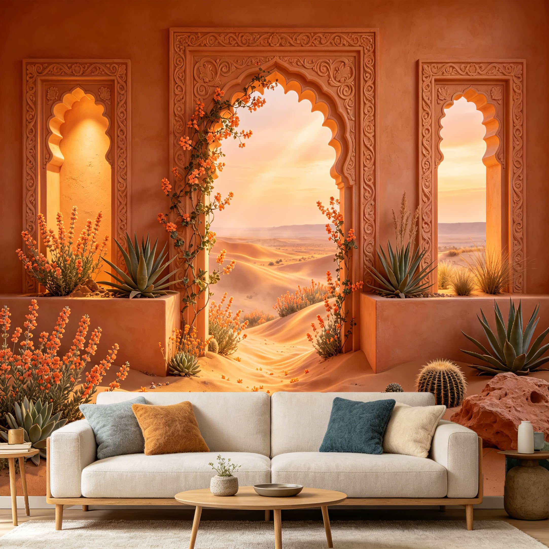 Custom Size Wall Mural， Desert Sunset Arches Cactus Moroccan Style 3D Trompe L'Oeil， SelfAdhesive Art Prints wall Fabric Removable Large Wallpaper Home Living Room Decor