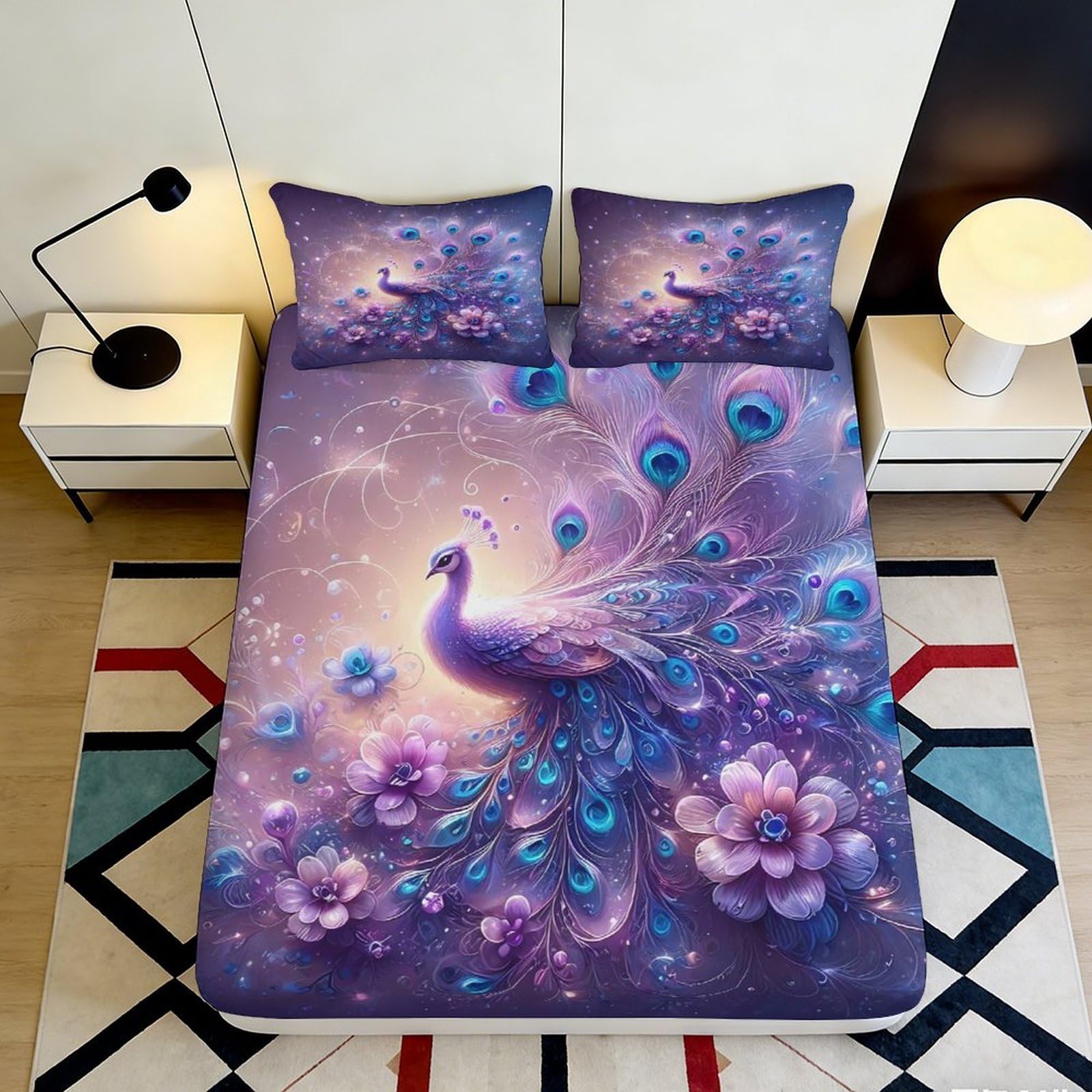 Uxinyoume Style-8 3D Printed Purple Peacock Fitted Sheet Microfiber Soft Floral Bed Sheet For Bedroom Guest Room Decor Mattress Protection 90X200x25cm
