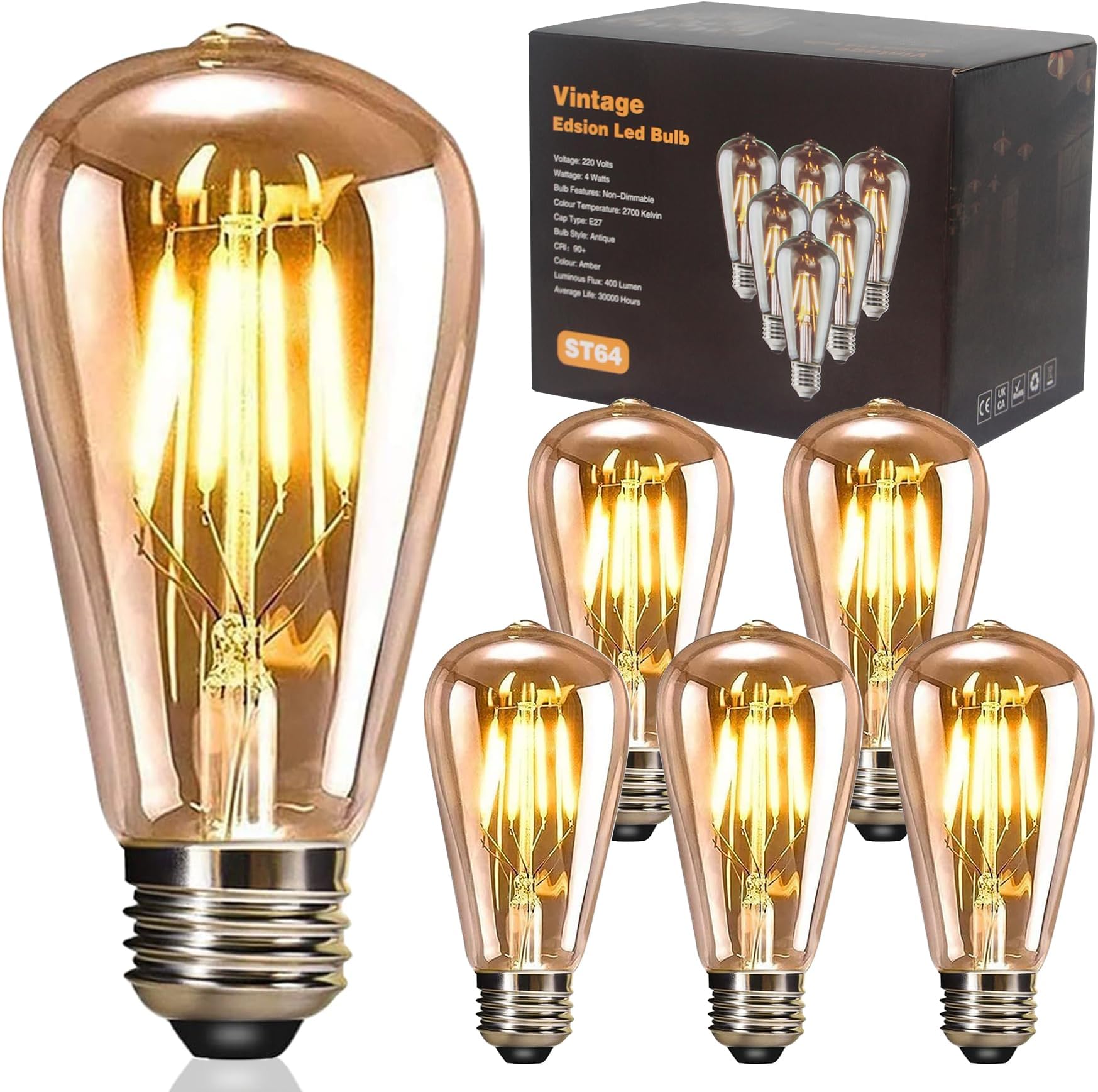 LED Edison Bulb, Vintage Light Bulb, 4W E27 2700K ST64 LED Bulbs, Led Filament Bulbs, Antique Style Retro Amber Glass Screw Lamp 220V (6 Packs)