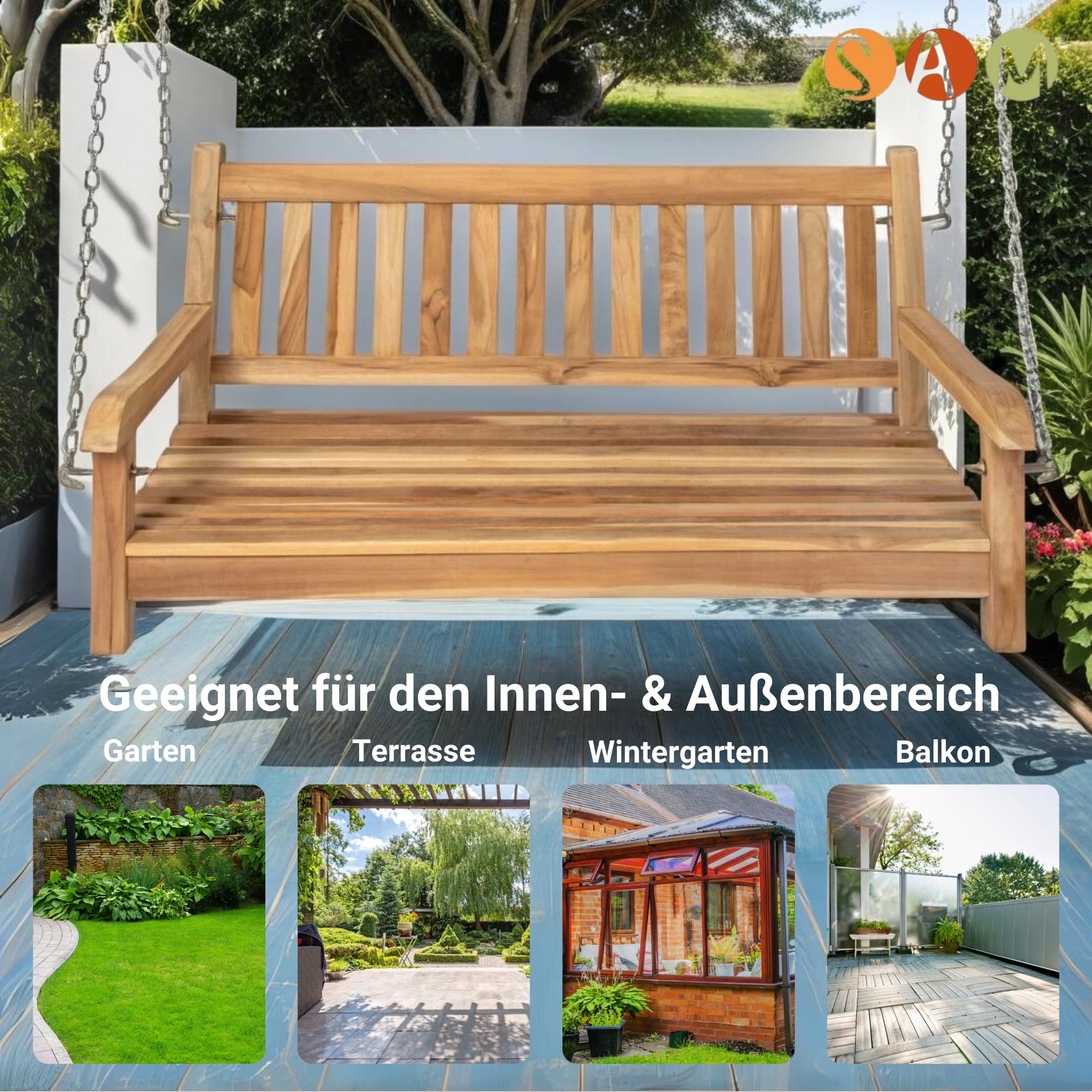 SAM 2-Sitzer Gartenschaukel Susana, hängende Bank 120 cm, Teakholz massiv, Schaukelbank für den Garten, pflegeleichtes Unikat