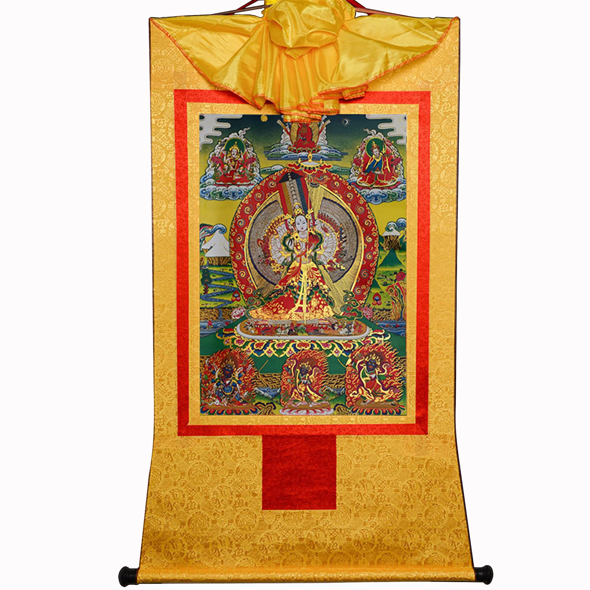 Gandhanra Tibetan Buddhist Thangka Wall Hanging,Usnisa Sitatapatra Thangka,Great White Umbrella Deity,Hot Stamped Brocade Buddhist Tapestry for Zen Home Decor, Meditation, Spiritual Relaxation
