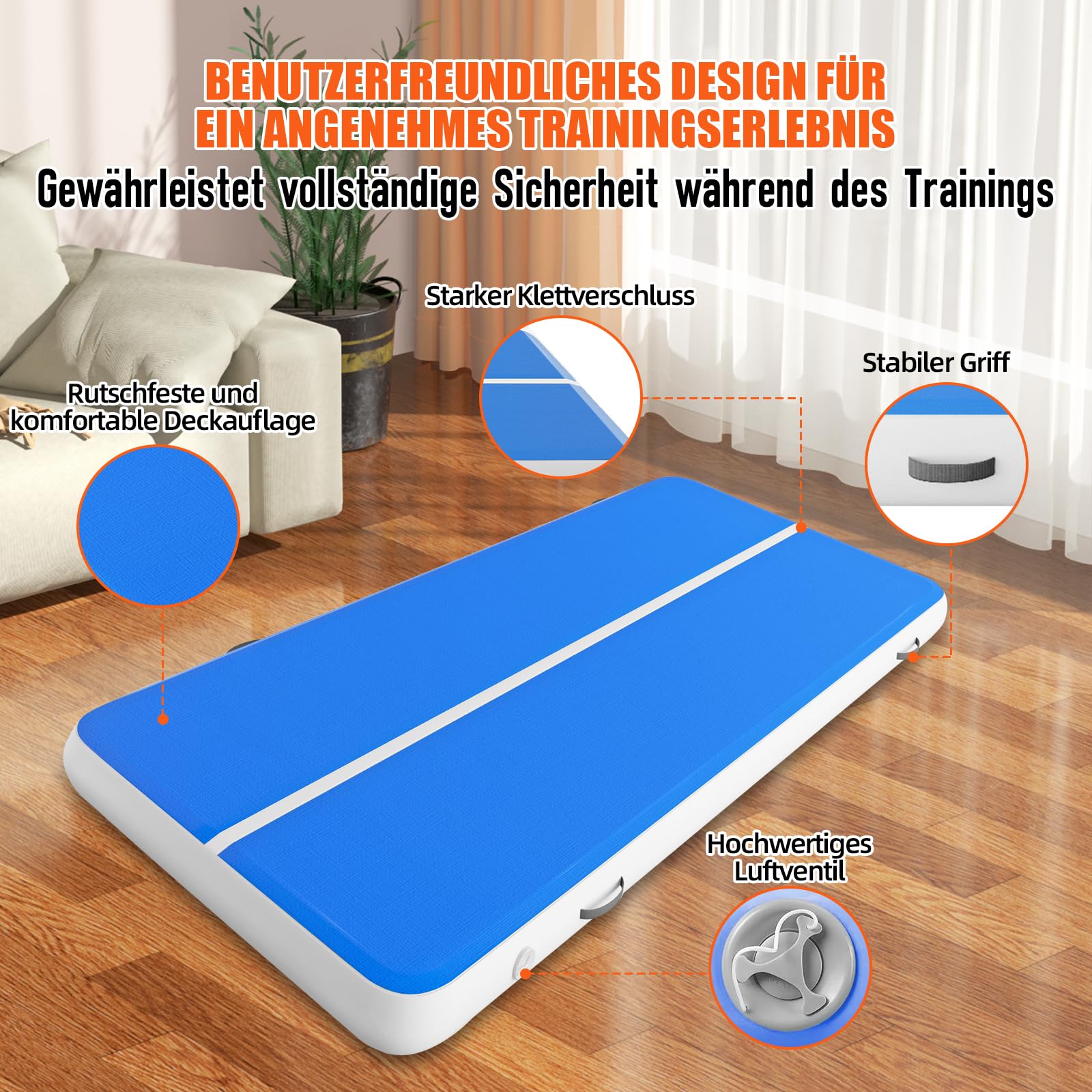 4 x 2 M Aufblasbare Air Tumbling Matte - 20 cm Hohe AirTrack mit Luftpumpe & Tragetasche, extra breit & groß für Fitness/Yoga/Tumbling/Outdoor/Heimtraining