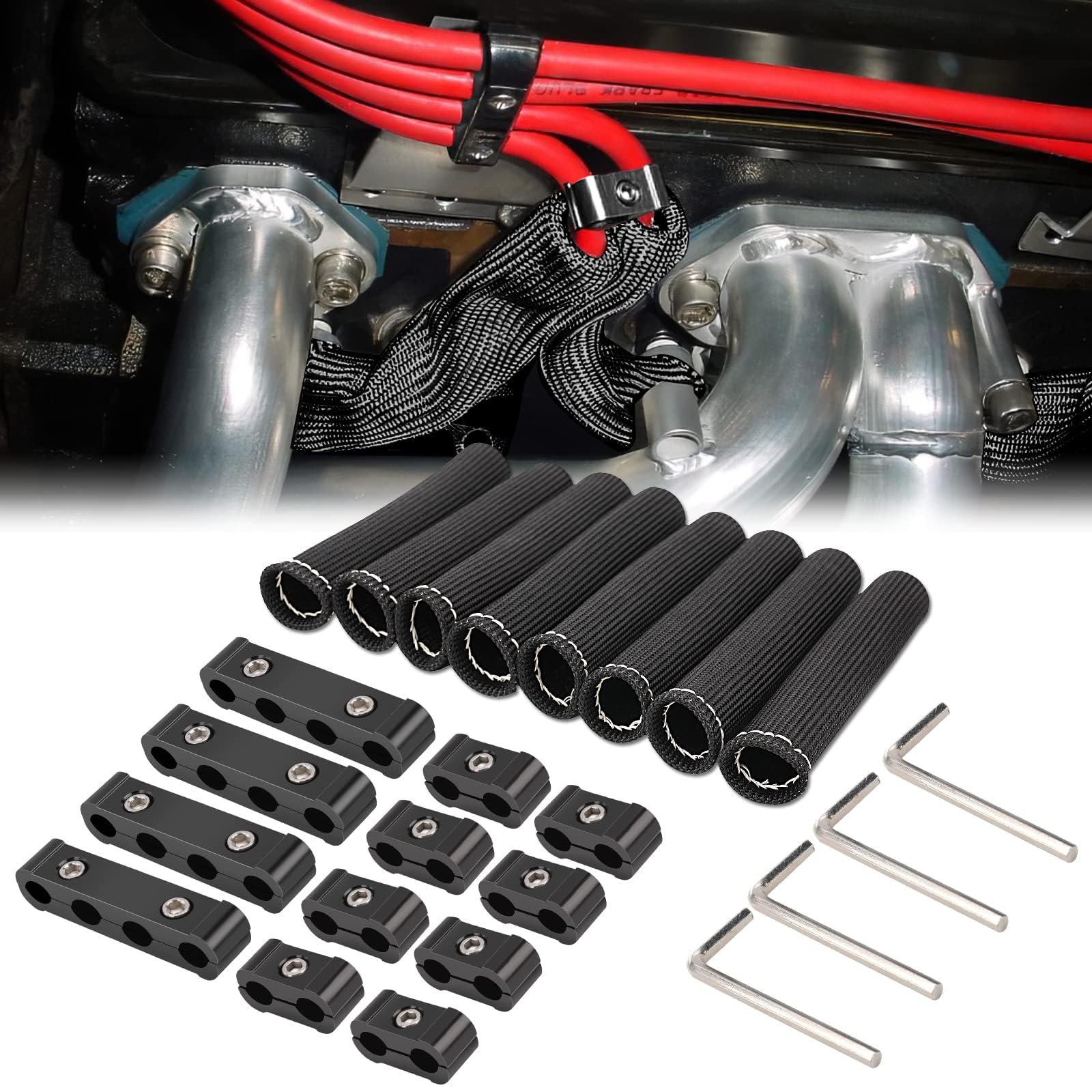 NALACAL 12pc Car Engine Spark Plug Wire Separator Divider Set & 8pc Spark Plug Wire Boots Protector Heat Sheild Sleeve, 8mm 9mm 10mm Spark Plug Wire Clamp Holder Aluminum Alloy Ignition Wire Divider