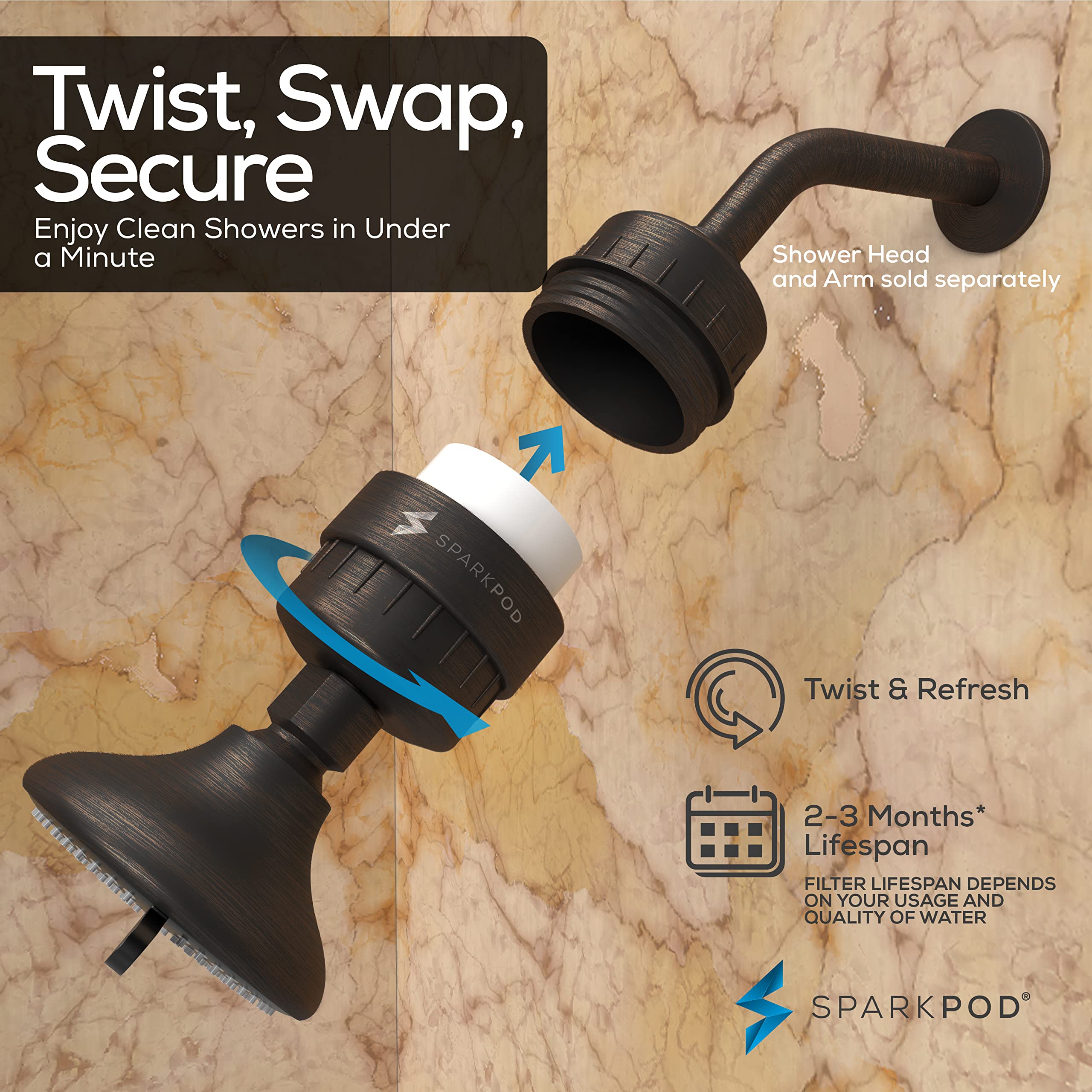 SparkPod Filtro per soffione doccia a 23 fasi per capelli secchi e pelle – Filtri doccia universali ad alto rendimento per rimuovere sostanze chimiche tossiche, cloro e metalli pesanti (bronzo