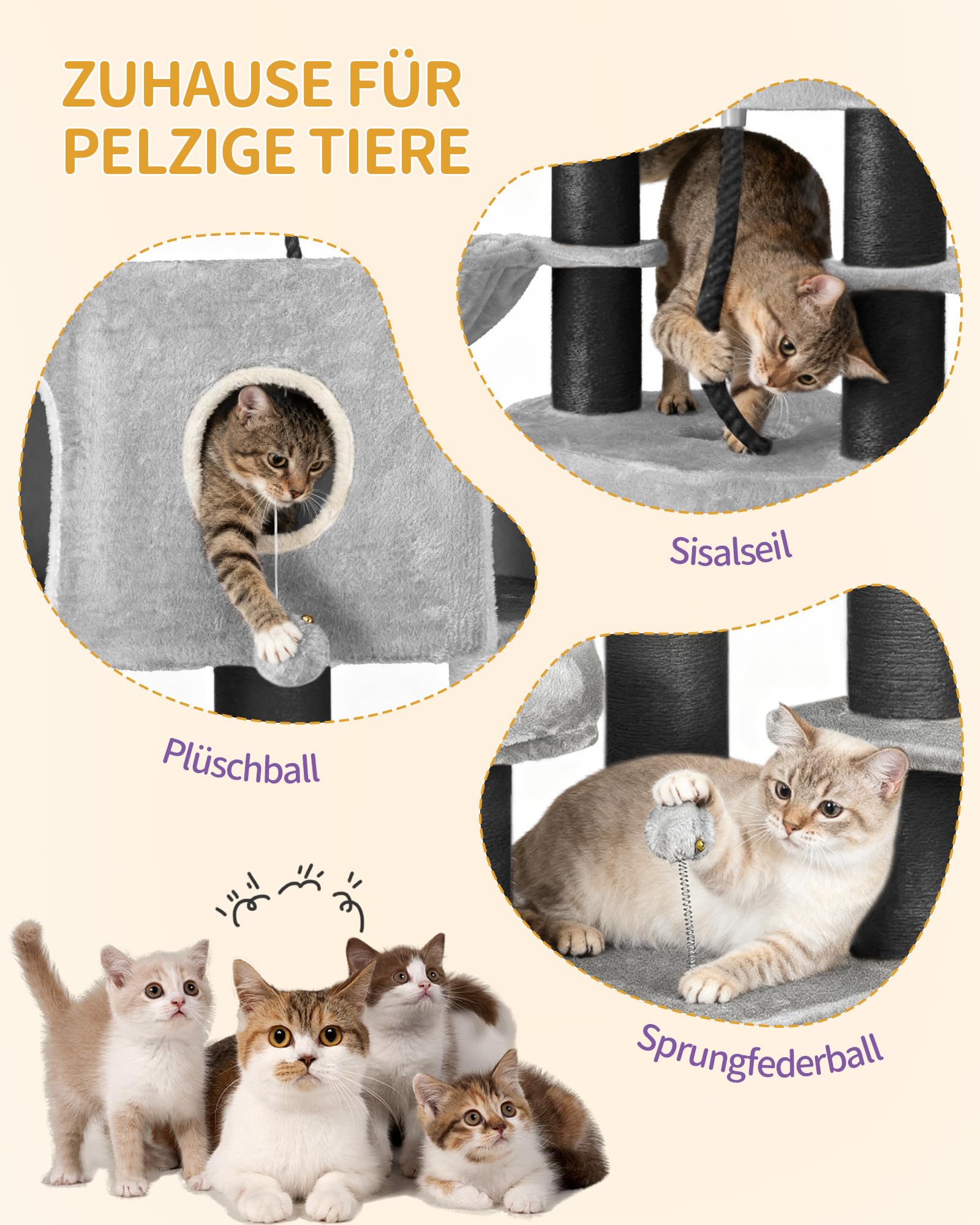 Hzuaneri Kratzbaum, 163 cm Katzenbaum, 11 cm d Dicke Sisalstämme, für Große Katze, 2 Höhlen, Geräumige Plattform, Plüschball, Katzenbürste, Mehrstöckiger Katzenkratzbaum, Hellgrau Schwarz MS16318BG