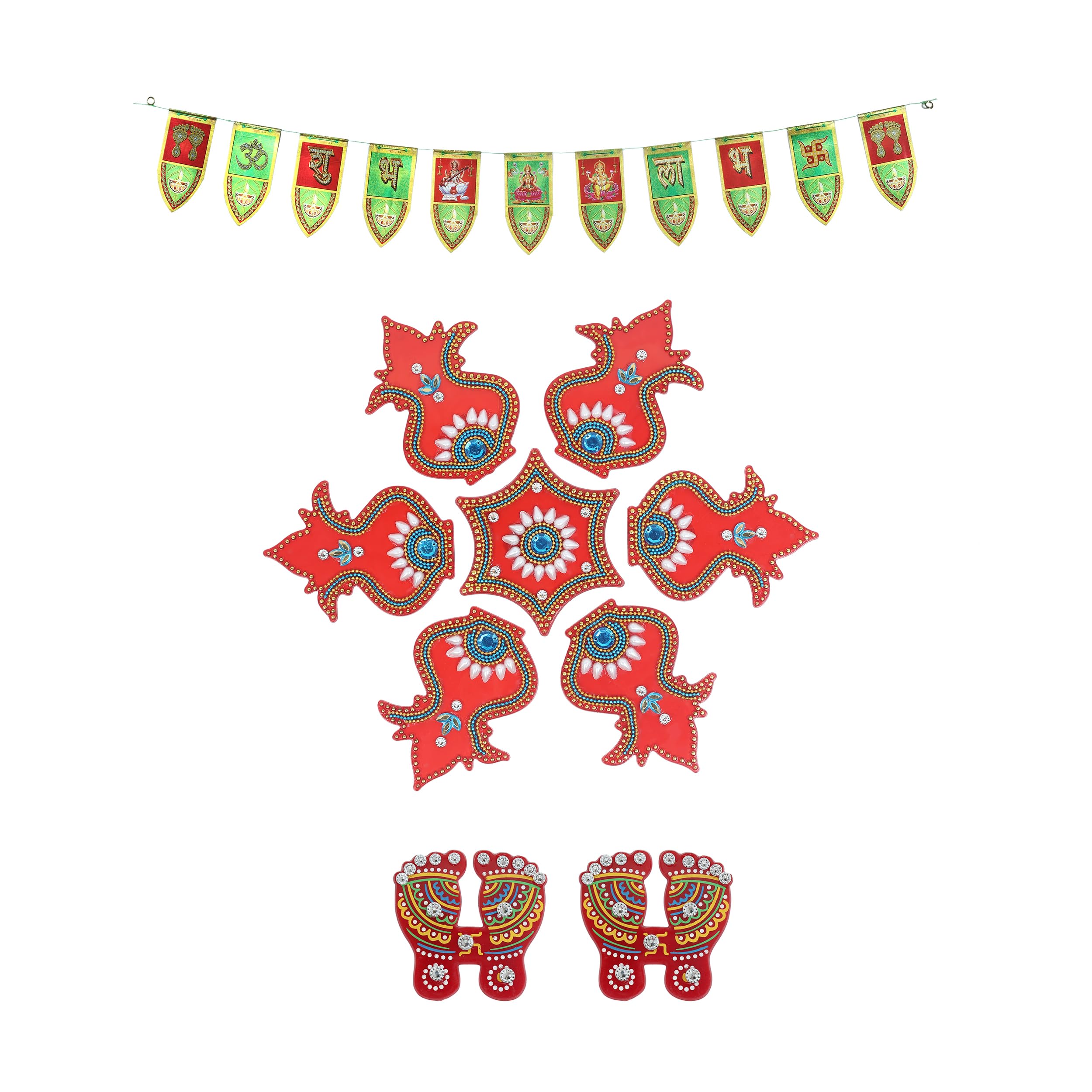 SWACRAFT Acrylic Kalash Red Floor Rangoli Combo Diwali Toran with Red Laxmi Charan Paduka Pagal Floor Wall Stickers Indian Puja Diwali Festival Decorations Home Temple Decor Gift – CMB-03