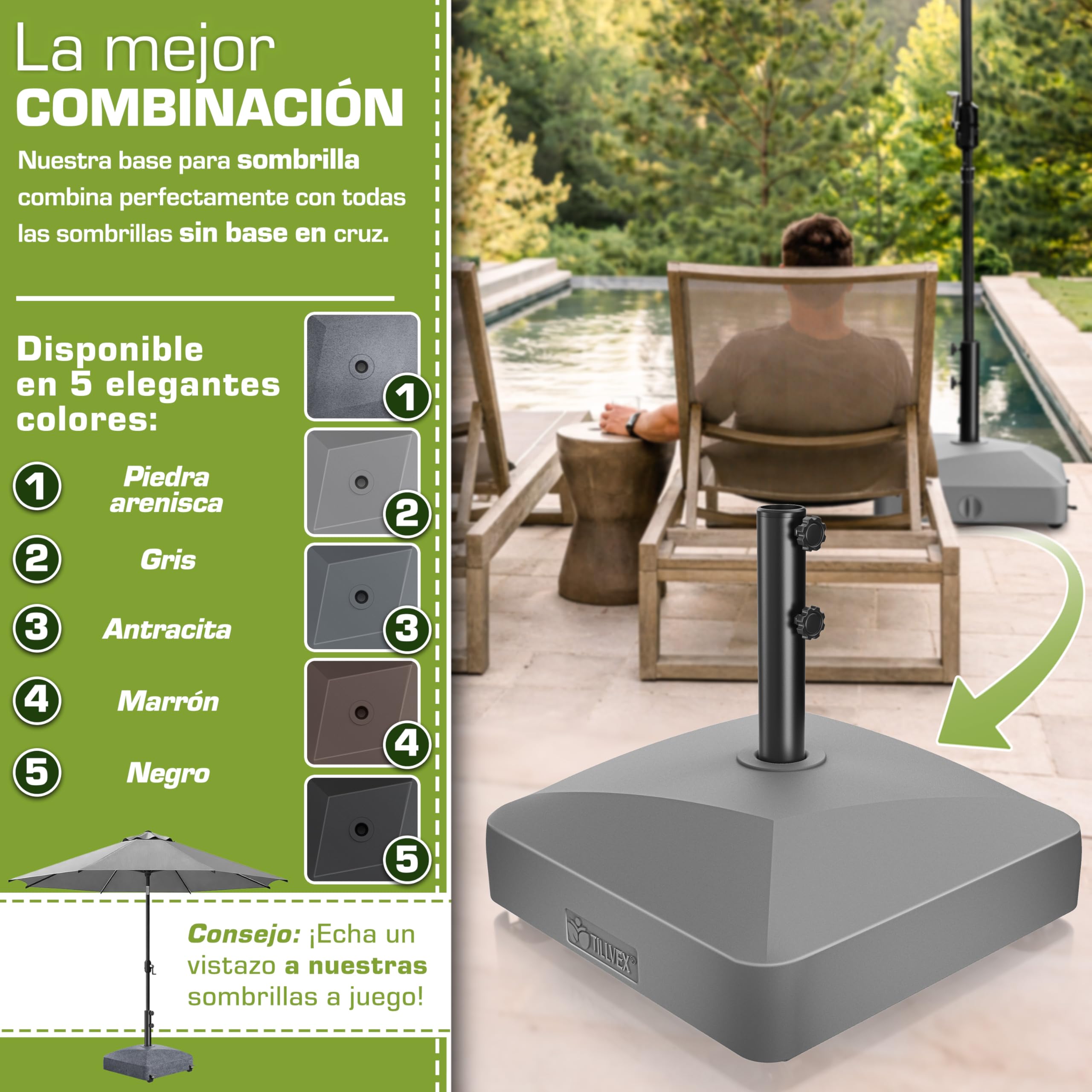 tillvex® Base de sombrilla GRAVIA con Ruedas y Frenos | Soporte de lastre rellenable 37L / 56kg | Pie para Parasol y sombrilla de Mercado Ø 1,8-3,7m | Resistente a la Intemperie y UV (Gris) — view 8