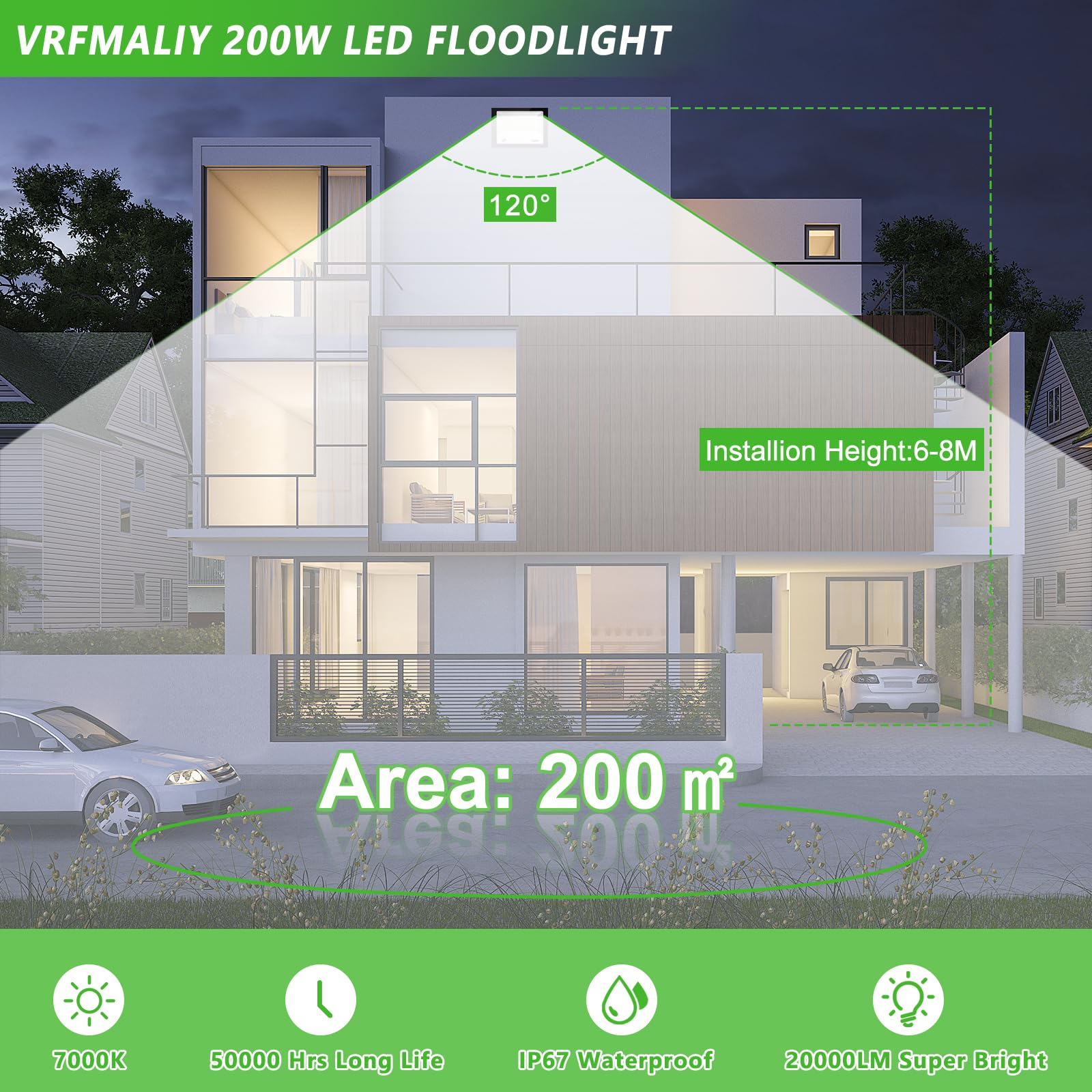 Zewnętrzny reflektor LED 200 W, 7000 K, 20000 lm, reflektor zewnętrzny LED