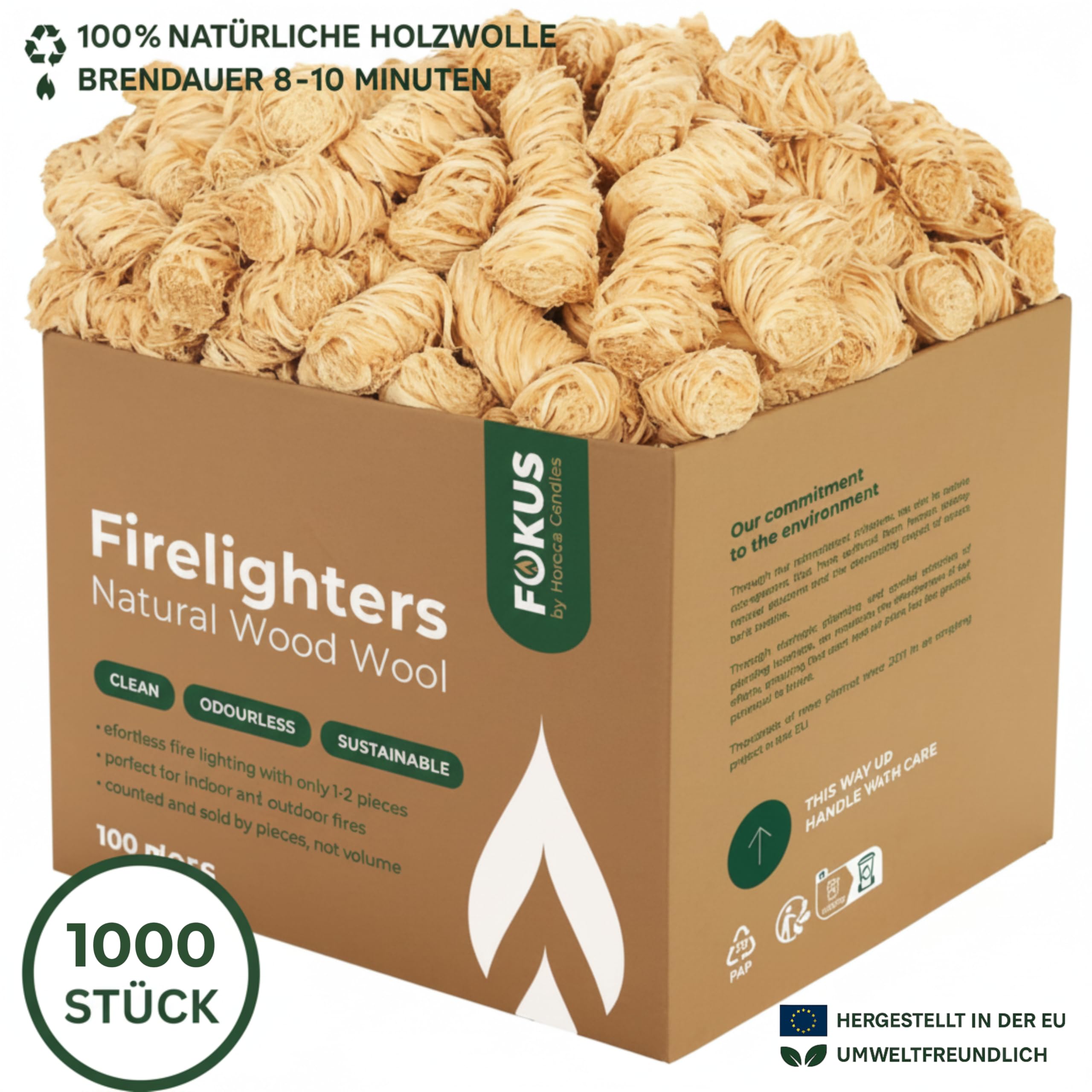 HORECA CANDLES Holzwolle Anzünder - 1000 Große Öko Feueranzünder & Anzündhilfe aus natürlicher Holzwolle - Geruchlos & Rauchfrei - Für Kamin, Grill, Ofen & Pizzaofen - Wasserfest & Nachhaltig