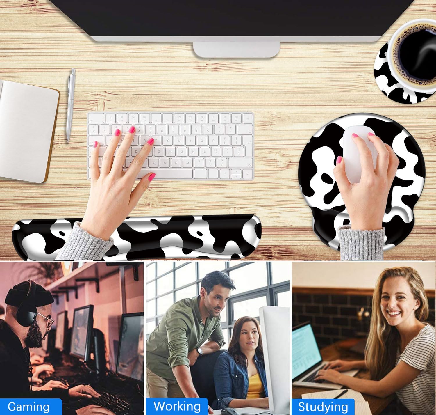 Mouse Pad Wrist Support and Keyboard Wrist Rest Pad with Coaster,Non-Slip Rubber Base Ergonomic Gaming Mousepad for Home Office Working Studying Easy Typing & Pain Relief,Cow Print