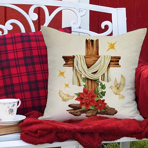Miniatura 5 de Ussap Juego de 4 fundas de almohada decorativas religiosas de Navidad con diseño de belén de Navidad, decoración de fundas de cojín cristianas de