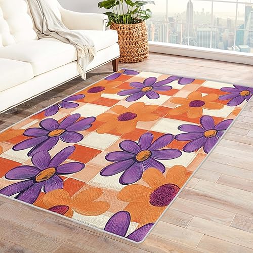 Alfombra floral retro, alfombra de 4 x 4, alfombras geniales de los años 70 para dormitorio, sala de estar, alfombra cuadrada de diseño estético a