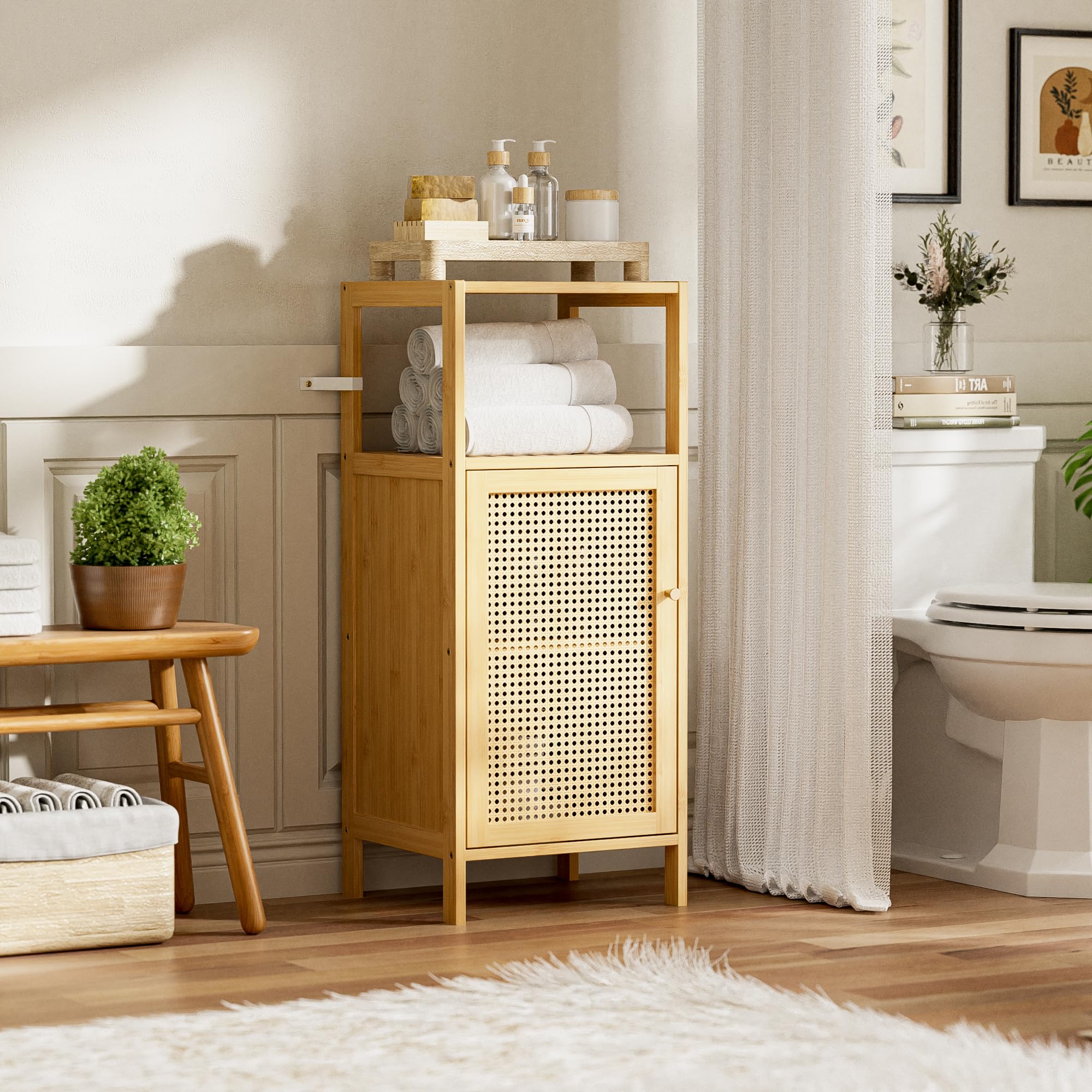 Armoire au Sol en Bambou, Rangement pour Salle de Bain avec Porte en Rotin et 1 Étagère, Petit Placard Latéral en Bois pour Entrée, Buanderie, Cuisine ou Salon (Naturel)