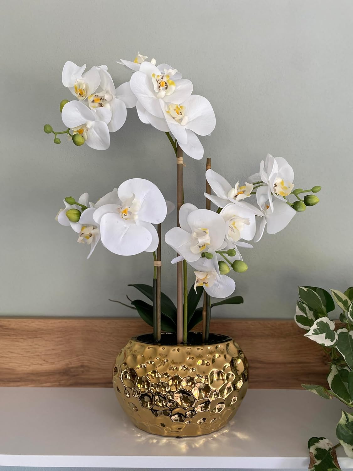 Potted Faux Artificial Flowers Arrangements Realistic White Phalaenopsis Orchid in Golden Pot Home Decoration 23"" High, 1721366-40
