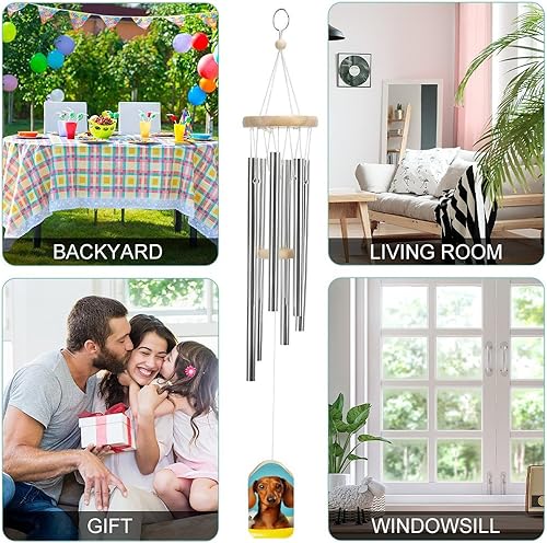 Miniatura 4 de Campanillas de viento de aluminio de 20.5 pulgadas para exteriores, campanillas de viento con estampado de perro salchicha al aire libre con 6 tubos