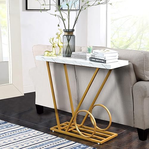 Miniatura 6 de Mesa consola moderna de mármol sintético, mesa de entrada de 40 pulgadas con base dorada