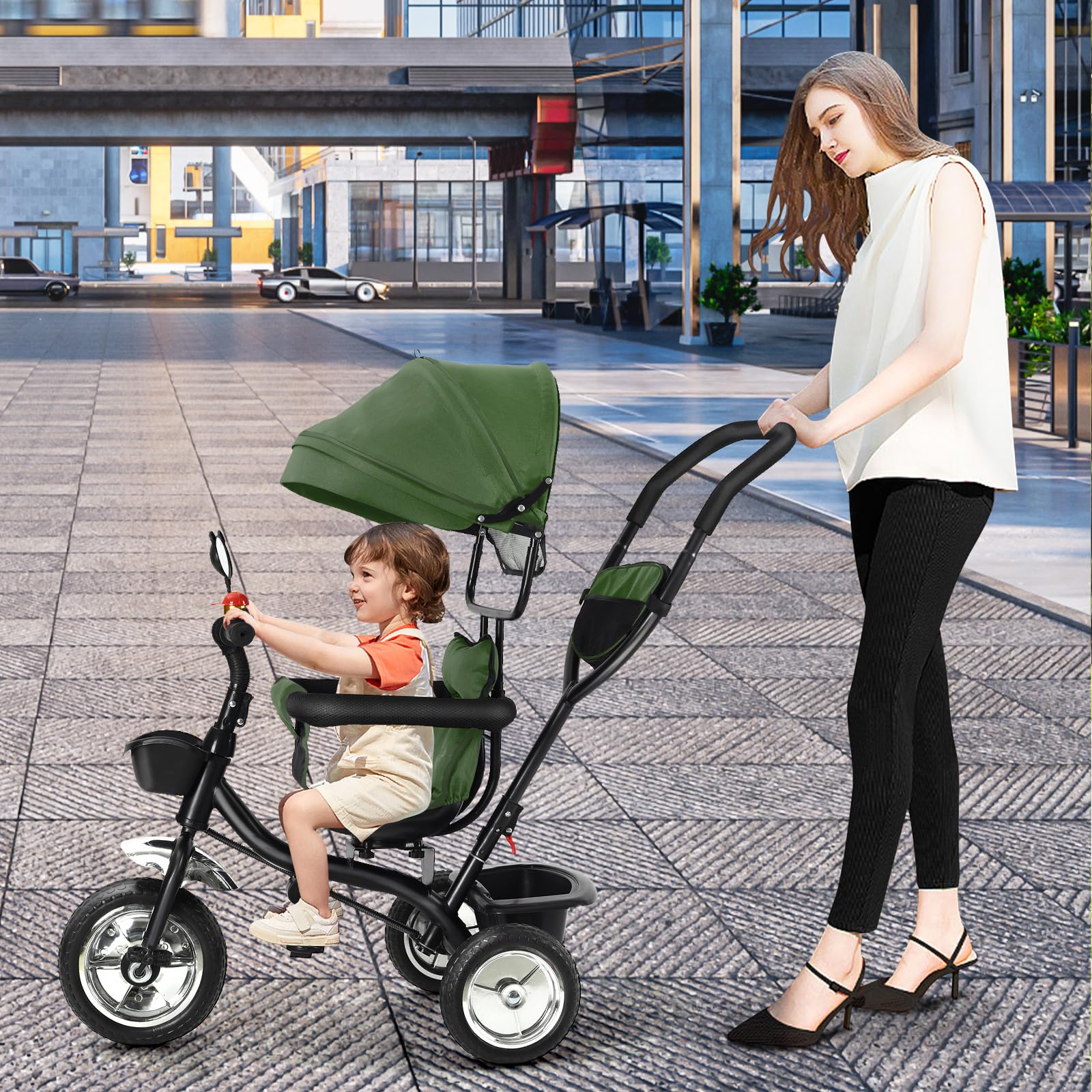 OHMG 4 en 1 Tricycle Bébé Évolutif,Draisienne Évolutif,Trike Bebe,Velo Poussette Bebe Évolutif,0-6 Ans,Siège Réversible,Tricycle Enfant Évolutifavec Poignée de Poussée Réglable