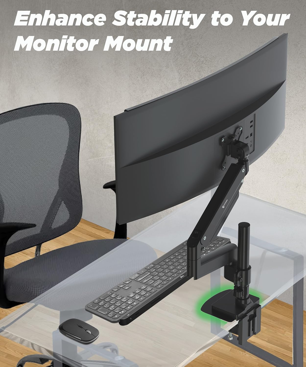 Monitor arm mounted on a glass desk with the reinforcement plate, showing enhanced stability.