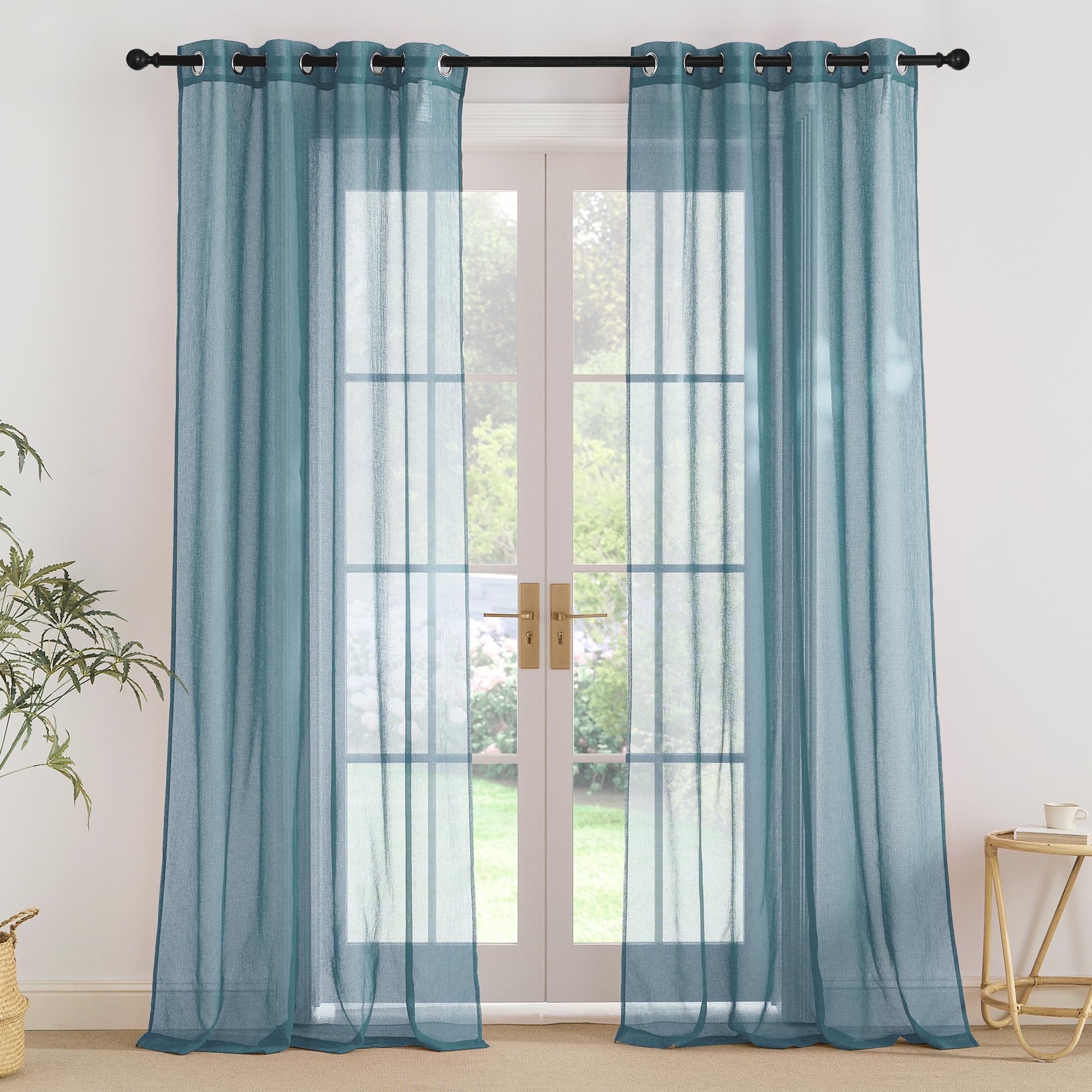 PONY DANCE Extra Lange Gardinen Blau Vorhang Transparent 260 cm Hoch Wohnzimmer Vorhänge mit Ösen Voile Gardine Durchsichtig Leinenoptik Ösenschal 2er Set H 260 x B 140 cm
